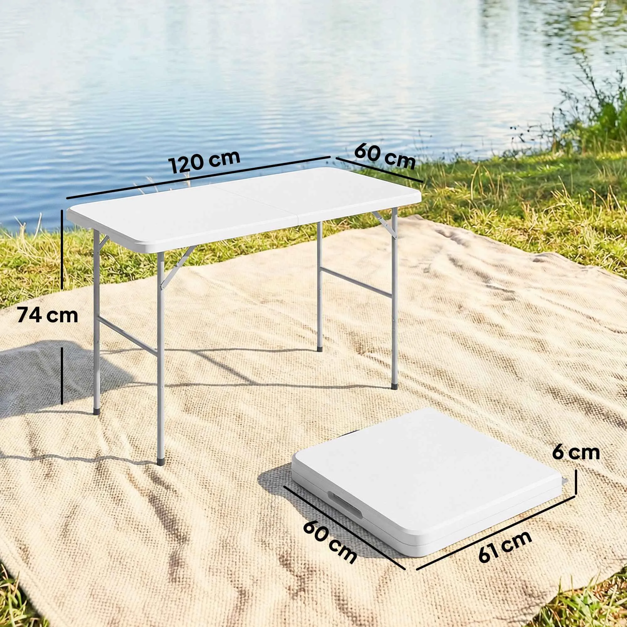 Outsunny 2-Height Folding Camping Table with Handle, HDPE, 120x60x74 cm, White - Image 3