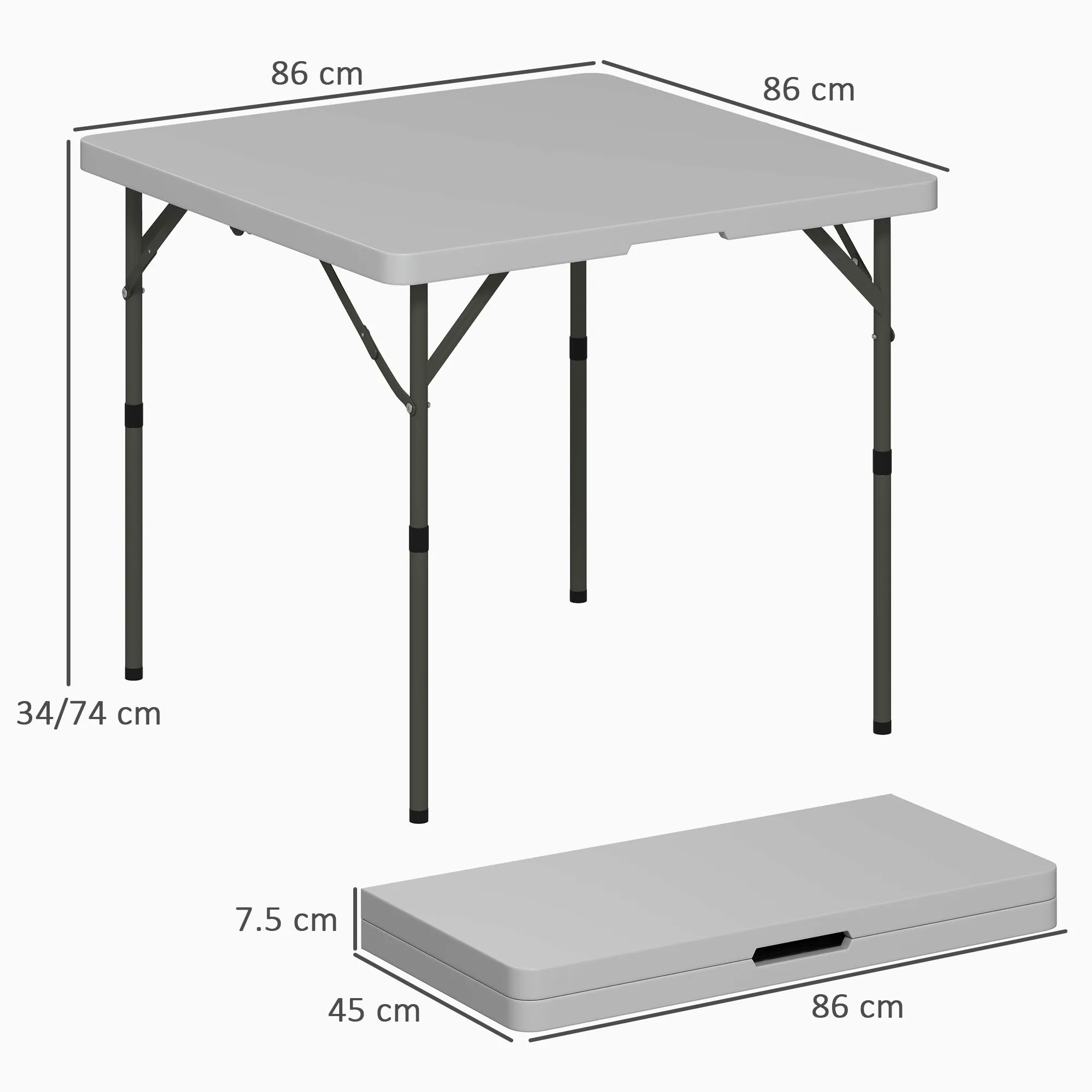 Outsunny Folding Camping Table, Adjustable to 2 Heights, in HDPE and Metal, 86x86x74 cm, White - Image 3