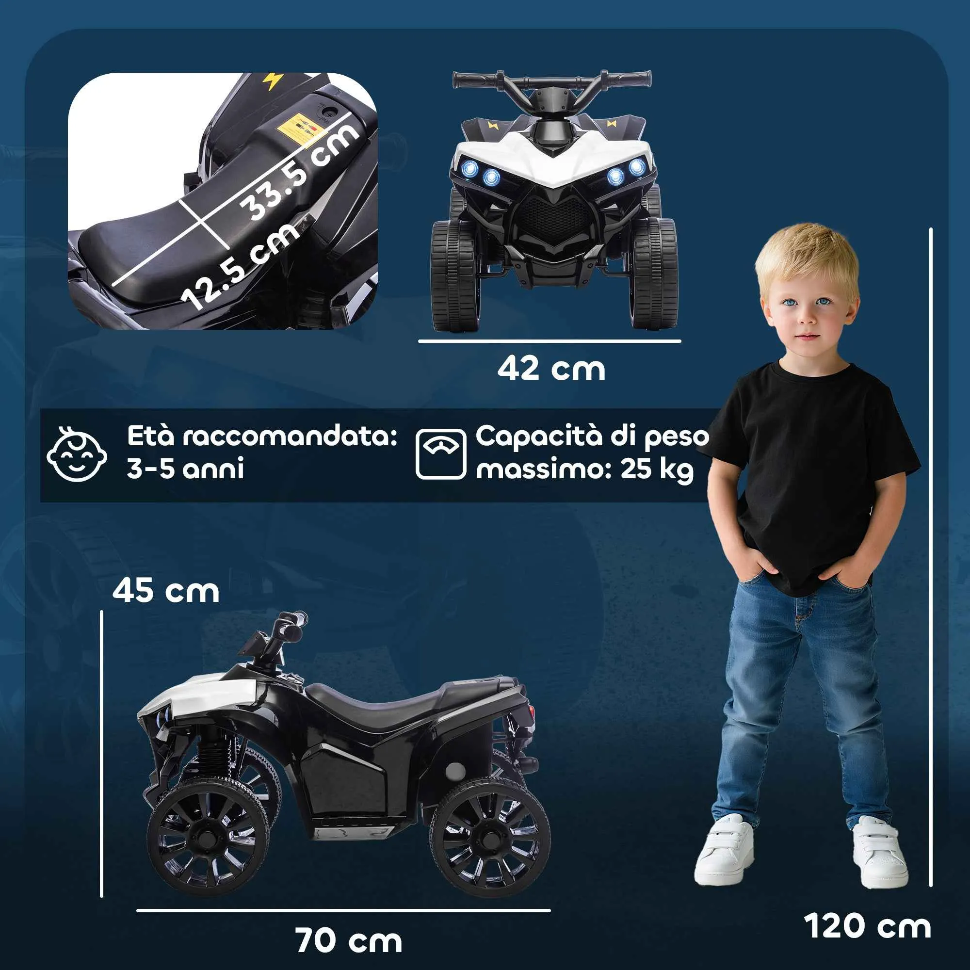 Kids' Electric Quad Bike ATV with 6V Rechargeable Battery, LED Headlights and Music, Ages 3-6 Years, White - Image 3