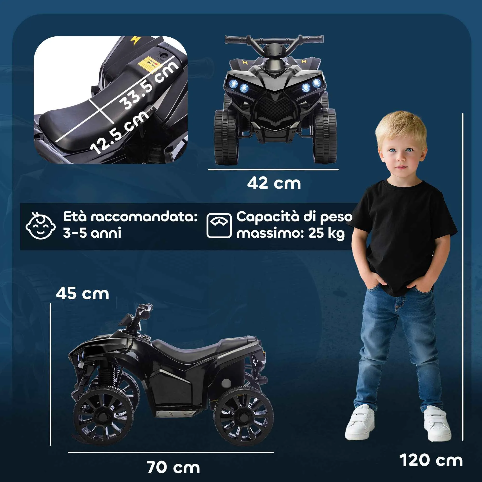 Kids Electric Quad Bike ATV with 6V Rechargeable Battery, LED Headlights and Music, Ages 3-6 Years, Black - Image 3