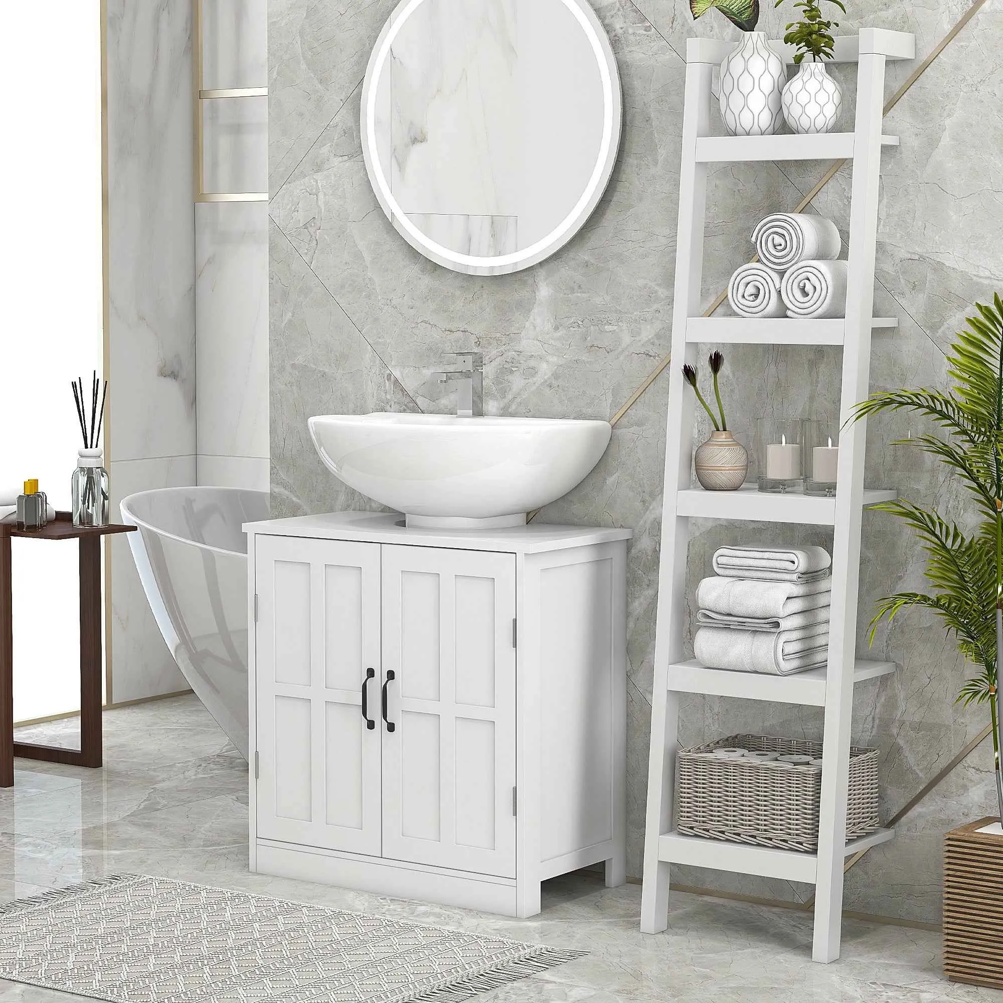 kleankin Pedestal Vanity Unit, Under Sink Cabinet with 2 Doors and Adjustable Shelf, Bathroom Cabinet with U-Shaped Cutout, White - Image 2