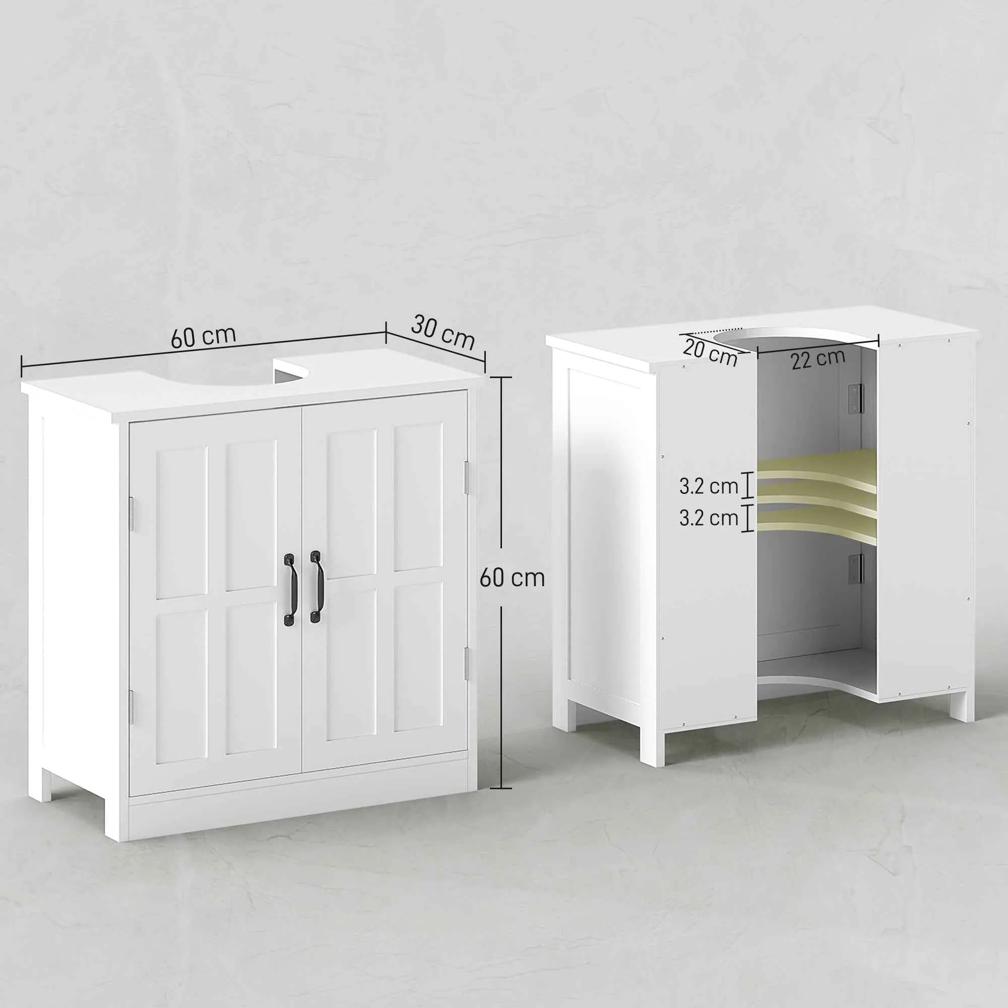 kleankin Pedestal Vanity Unit, Under Sink Cabinet with 2 Doors and Adjustable Shelf, Bathroom Cabinet with U-Shaped Cutout, White - Image 3