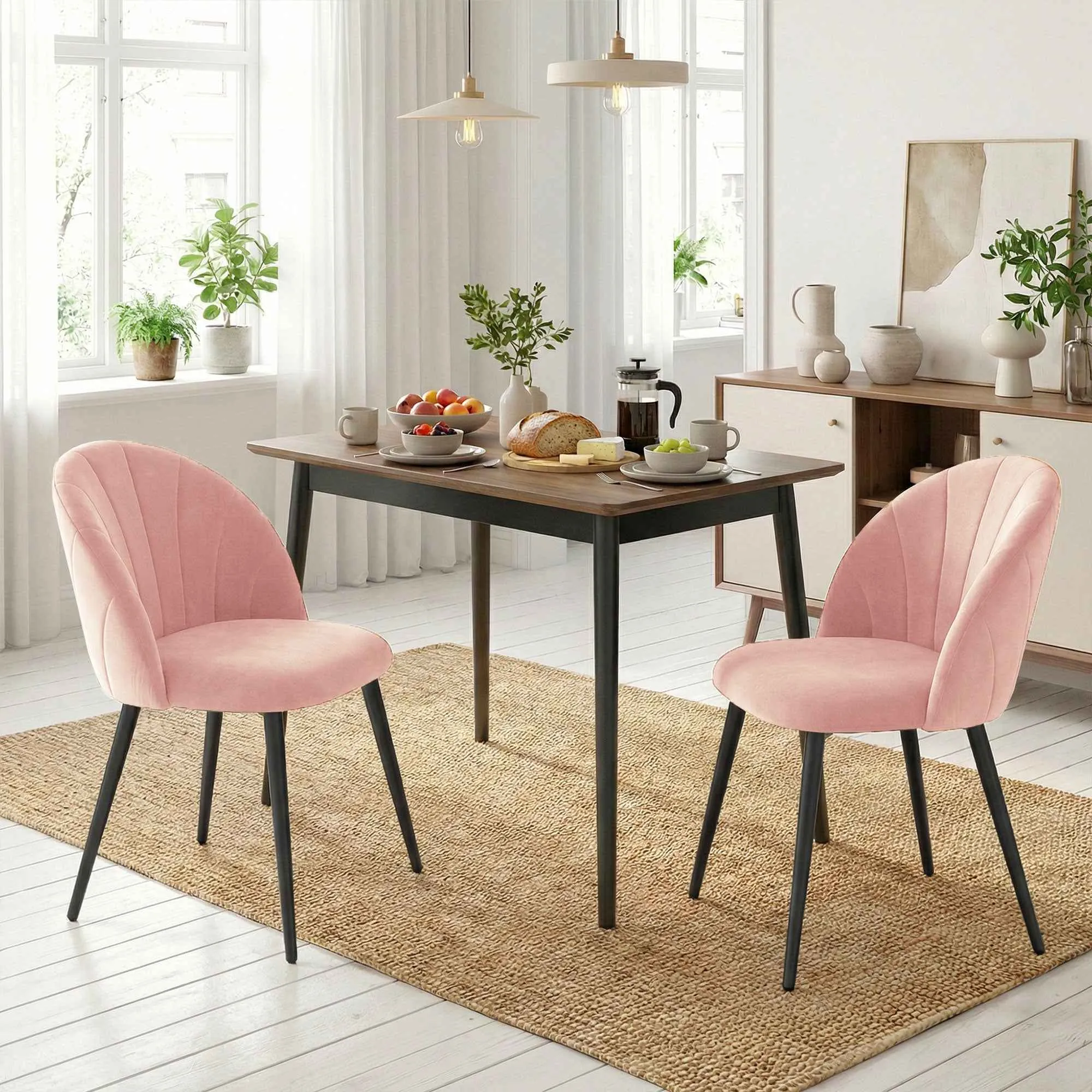 Set of 2 Velvet Shell-Back Dining Chairs, 52 x 55 x 79 cm, Pink - Image 2