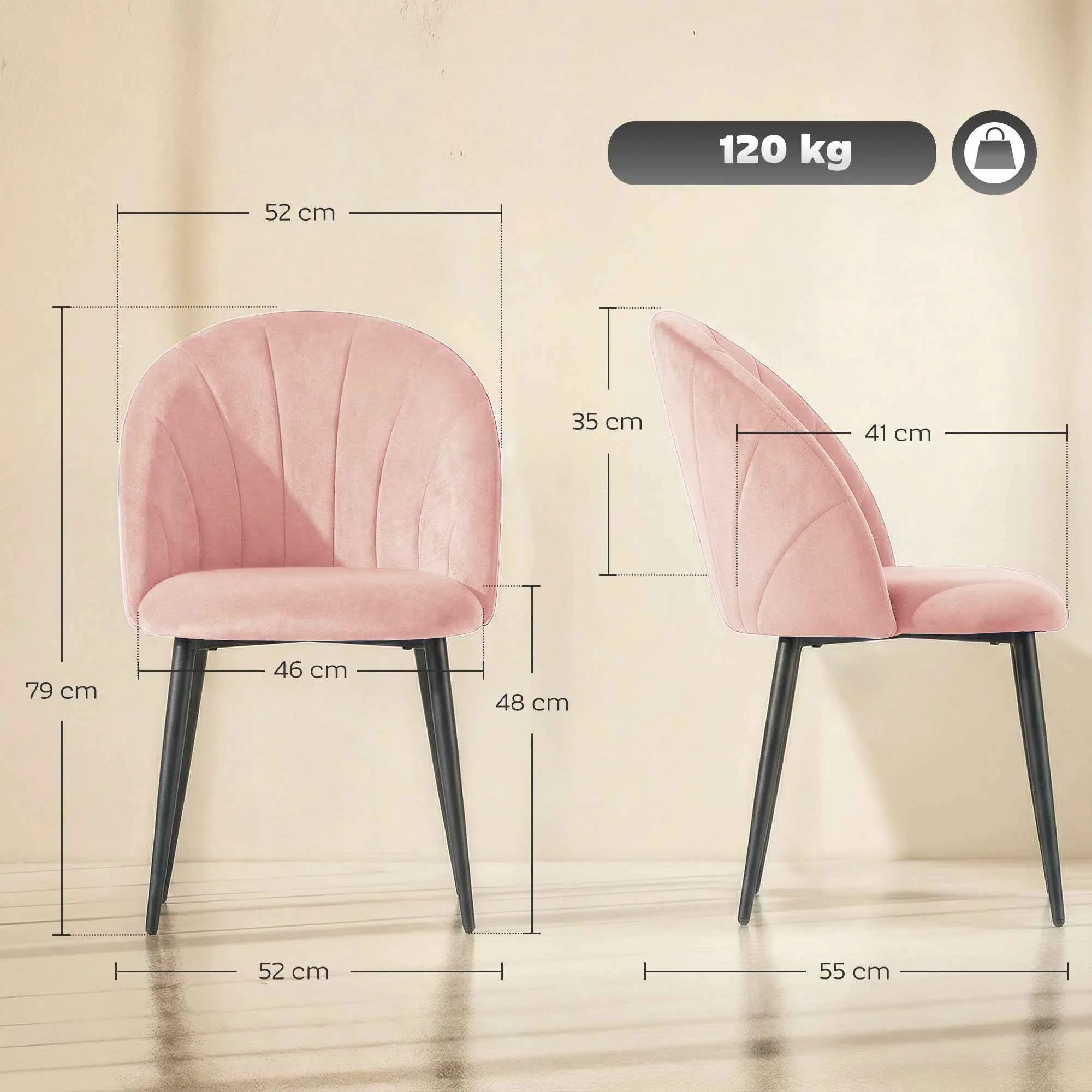 Set of 2 Velvet Shell-Back Dining Chairs, 52 x 55 x 79 cm, Pink - Image 3