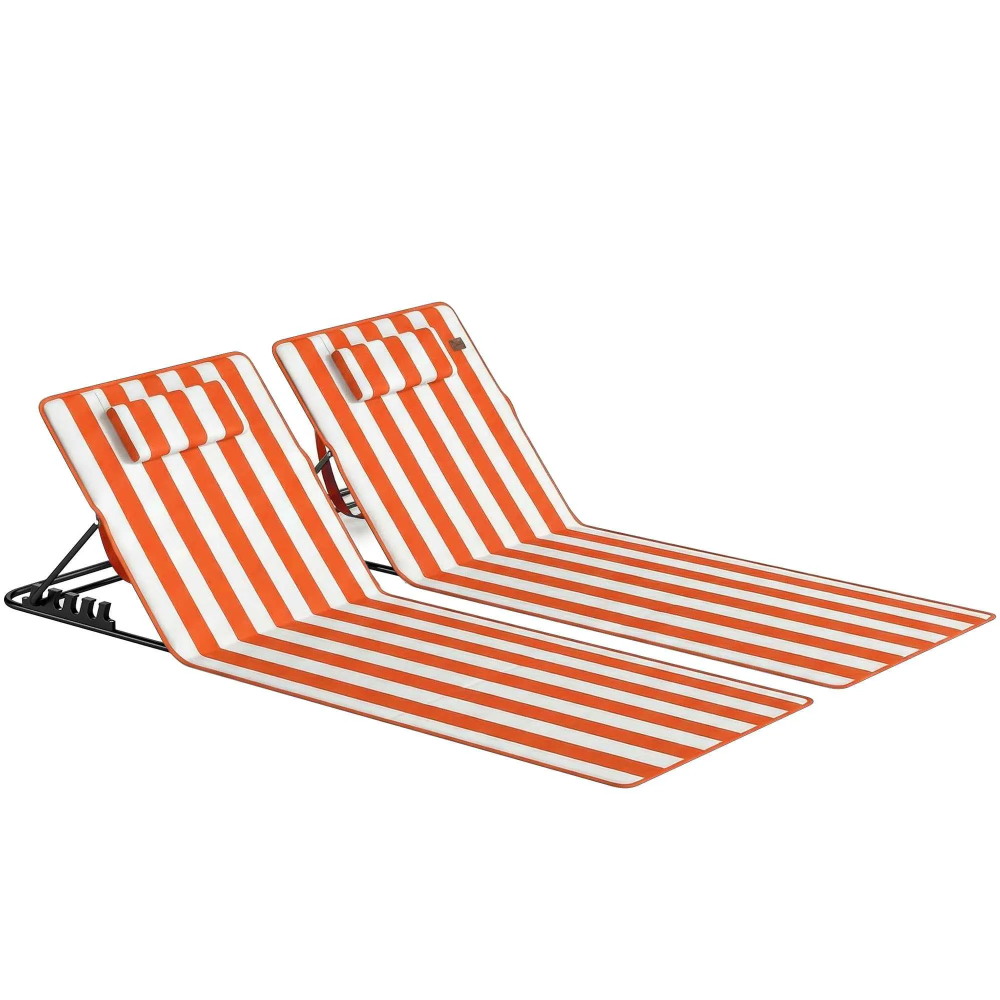 Outsunny Set of 2 Portable Folding Beach Loungers with Adjustable Backrest, Orange.