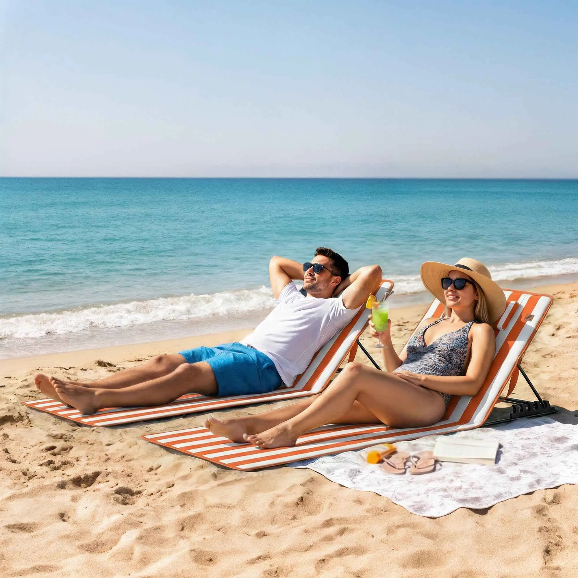 Outsunny Set of 2 Portable Folding Beach Loungers with Adjustable Backrest, Orange. - Image 2