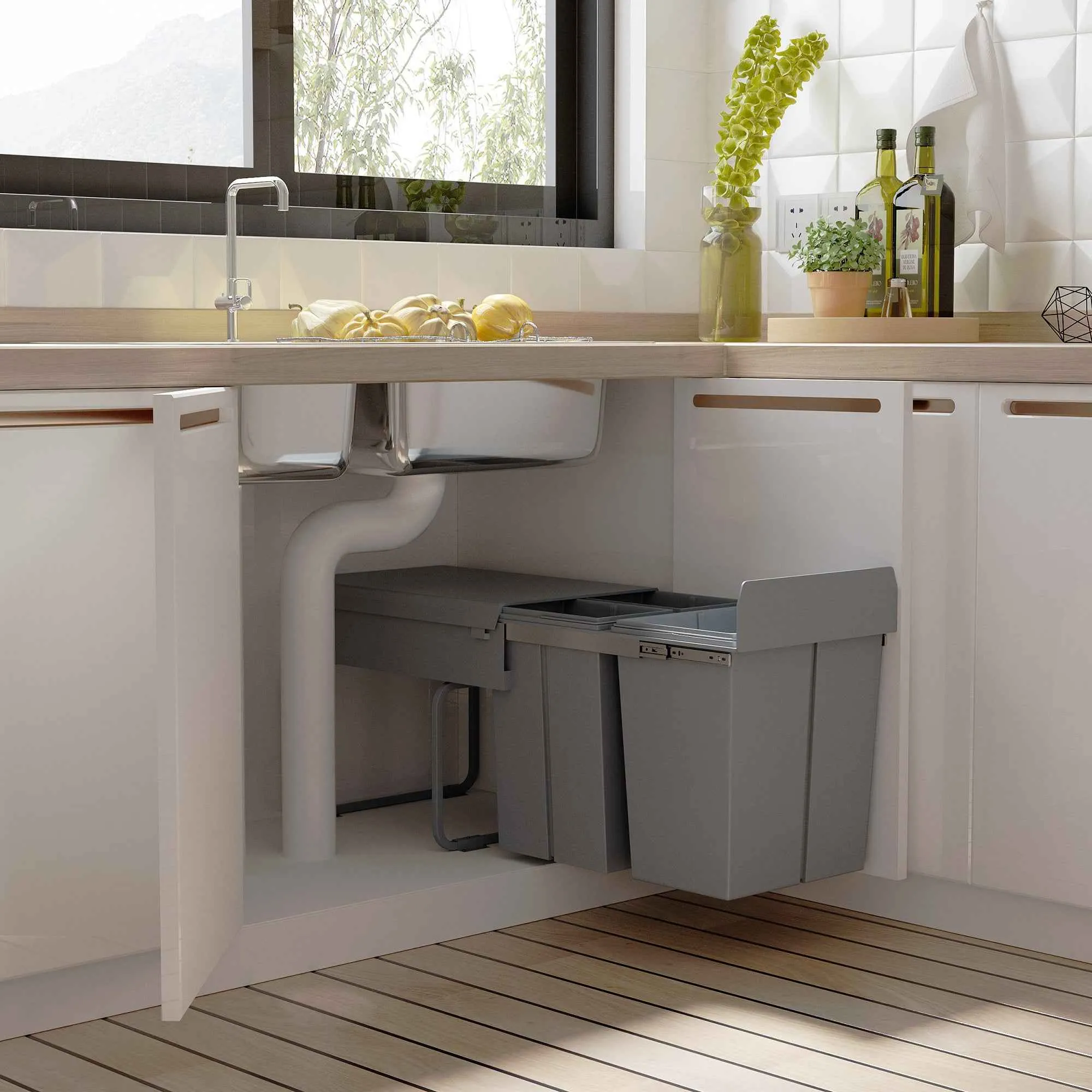 HOMCOM 40L Pull-Out Waste Bin with 3 Recycling Bins, 48 x 34.2 x 41.8 cm, Grey - Image 2