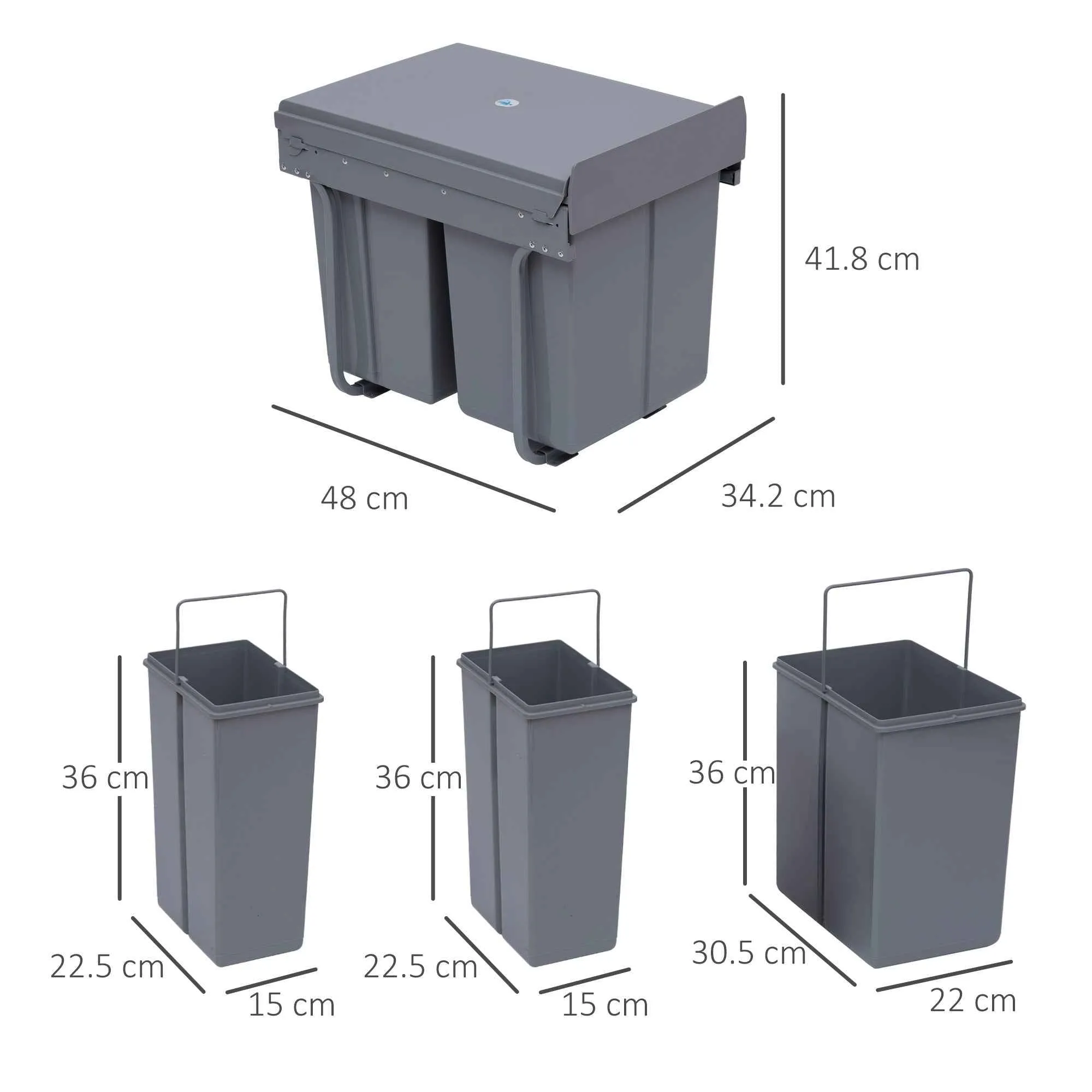 HOMCOM 40L Pull-Out Waste Bin with 3 Recycling Bins, 48 x 34.2 x 41.8 cm, Grey - Image 3