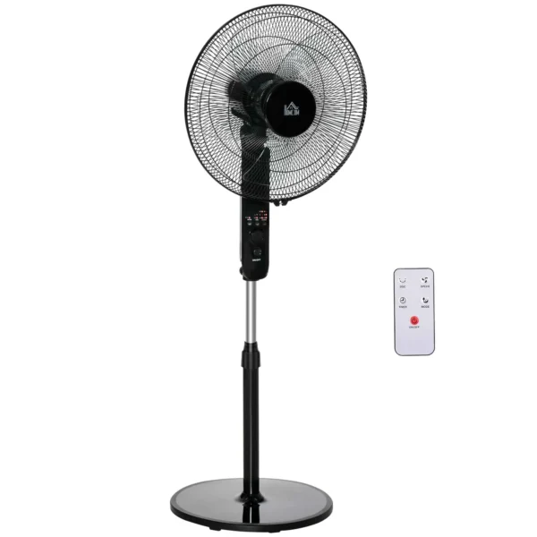 HOMCOM Pedestal Fan with Remote Control, Adjustable Height, 3 Speeds, Adjustable Tilt Angle, Metal, Black