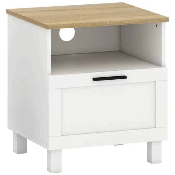 HOMCOM Modern Bedside Table with Drawer and Wooden Shelf, 45x38x50 cm, White and Wood Color