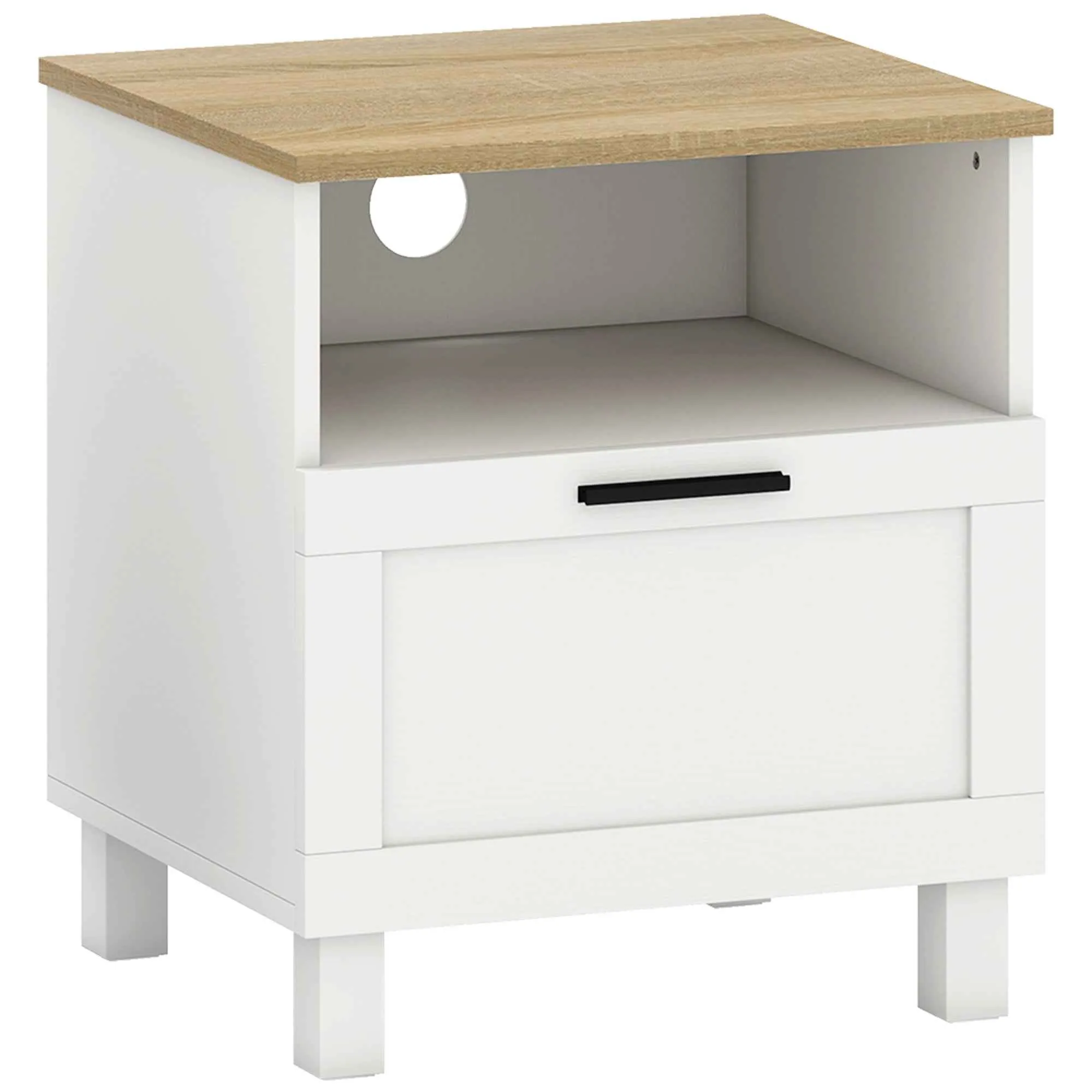 HOMCOM Modern Bedside Table with Drawer and Wooden Shelf, 45x38x50 cm, White and Wood Color