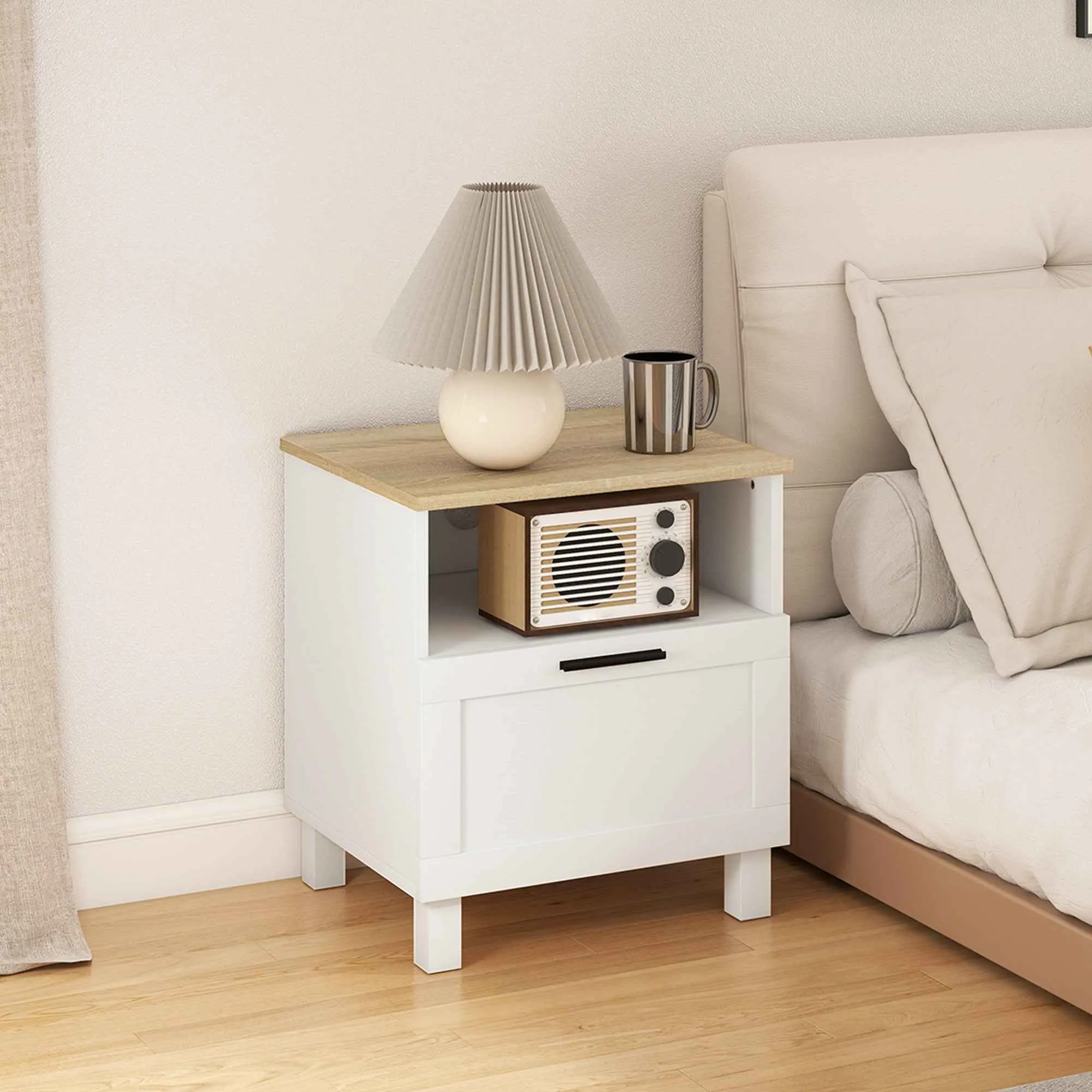 HOMCOM Modern Bedside Table with Drawer and Wooden Shelf, 45x38x50 cm, White and Wood Color - Image 2