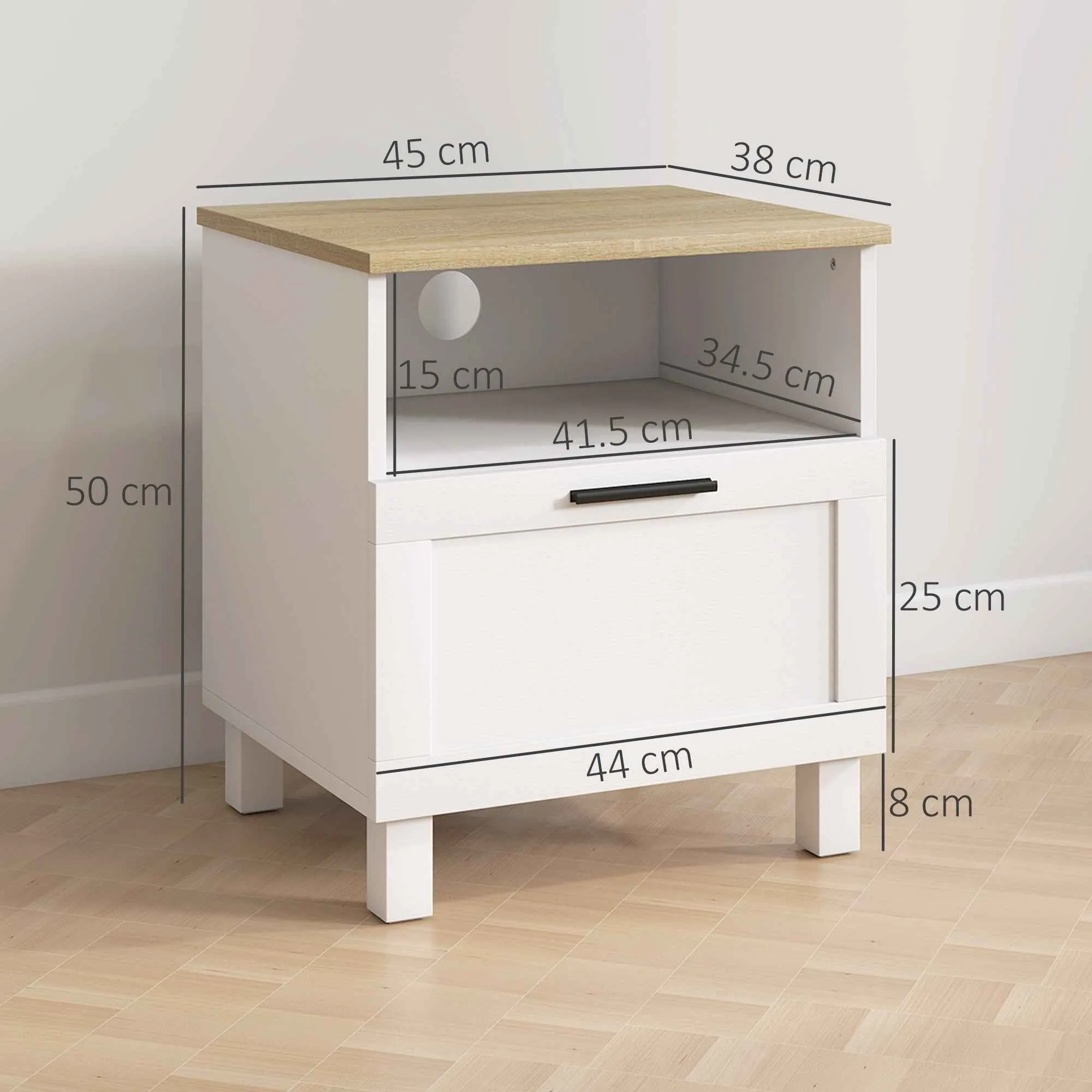 HOMCOM Modern Bedside Table with Drawer and Wooden Shelf, 45x38x50 cm, White and Wood Color - Image 3