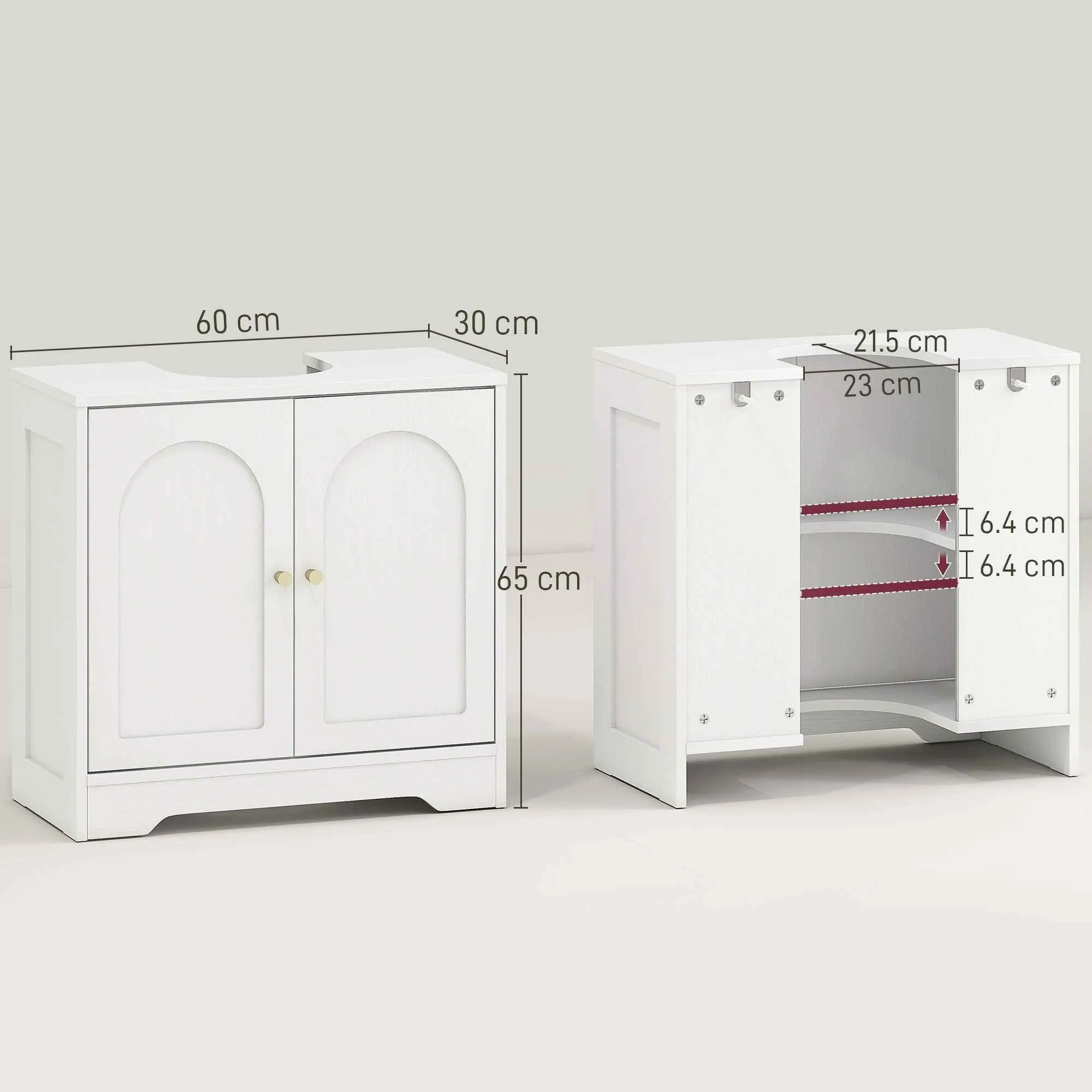 HOMCOM 2-Door Bathroom Vanity Unit with 3-Tier Adjustable Shelf, Wooden, 60x30x65 cm, White - Image 3