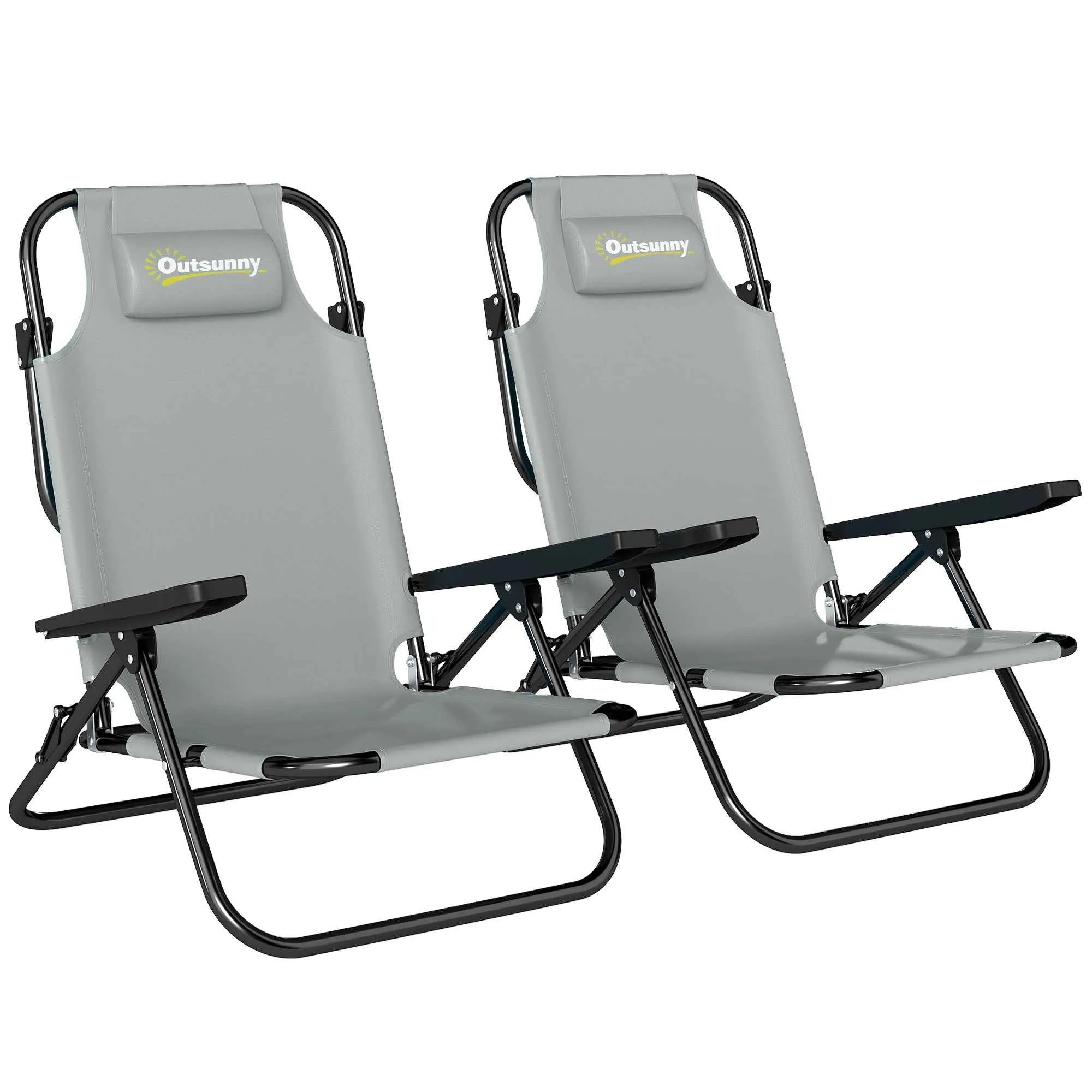 Outsunny Set of 2 Portable Folding Camping Chairs with Adjustable Backrest, Light Grey