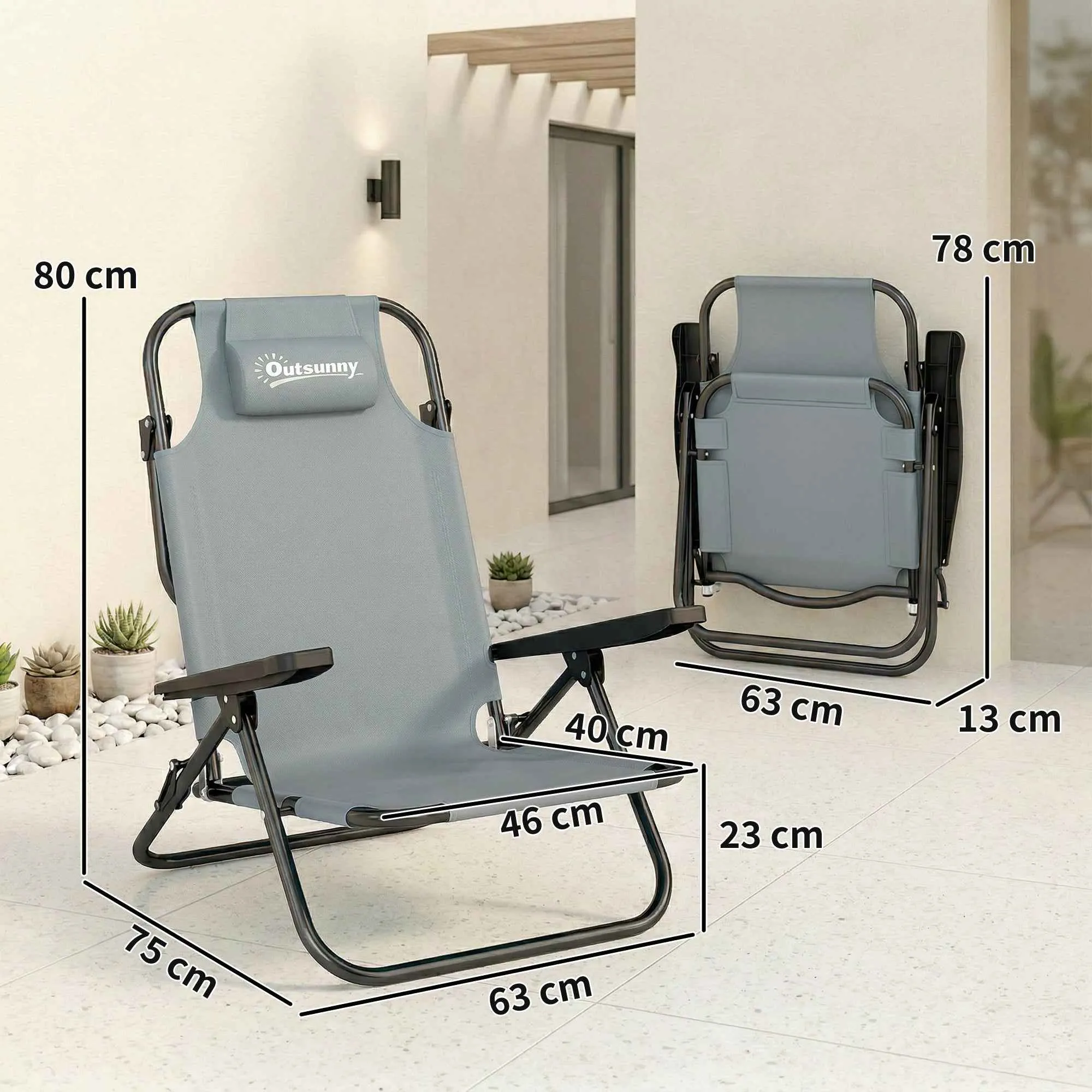 Outsunny Set of 2 Portable Folding Camping Chairs with Adjustable Backrest, Light Grey - Image 3