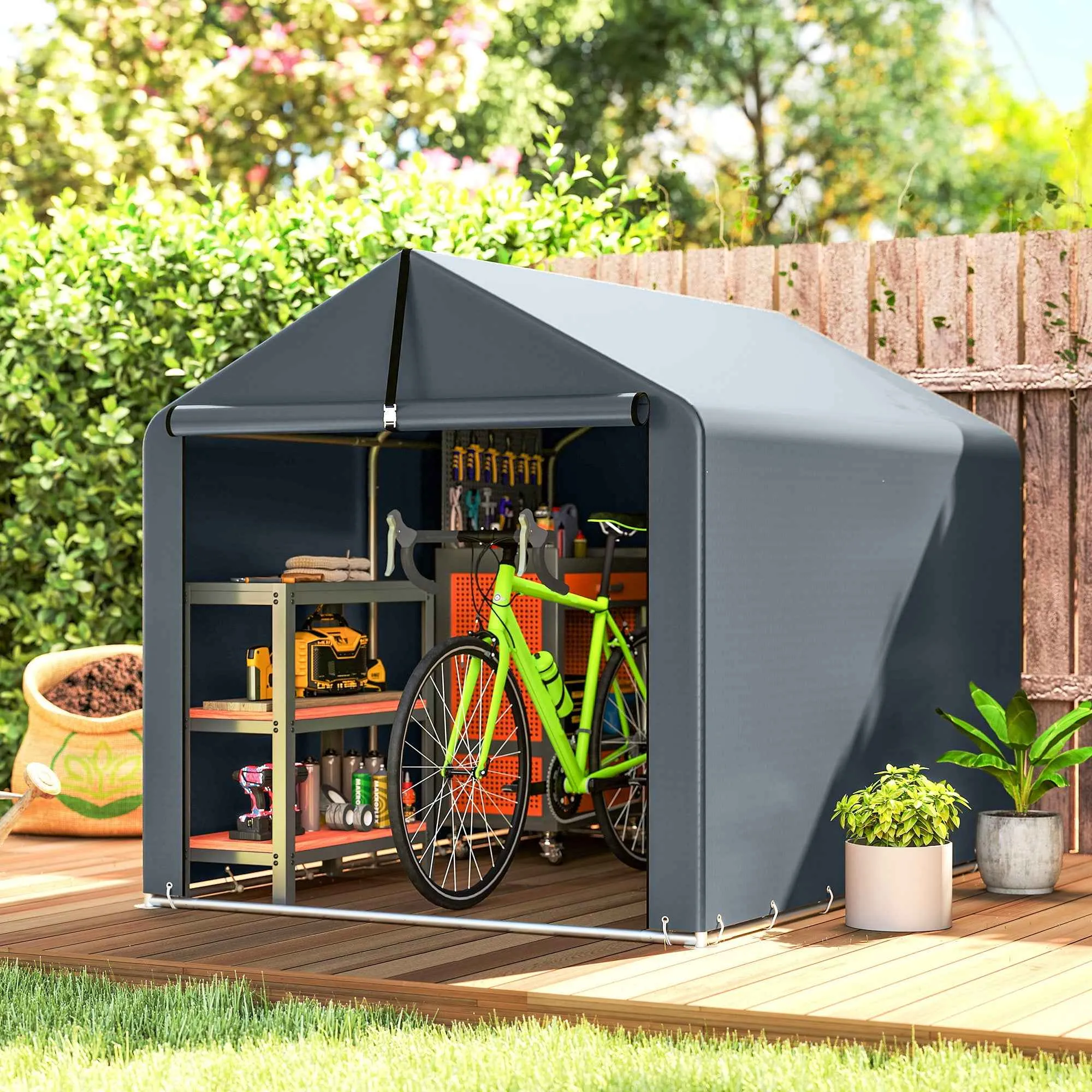 Outsunny Garage Tent with Reinforced Waterproof Cover and Zip Entrance, Galvanized Steel, 162x221.5x163 cm, Grey - Image 2