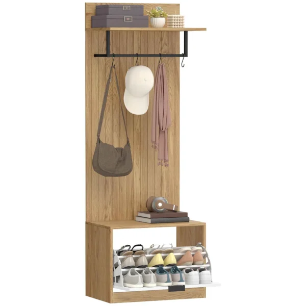HOMCOM Hallway Furniture with Bench, Shoe Rack and Coat Rack with 4 Hooks, 60x30x170 cm, Oak and White