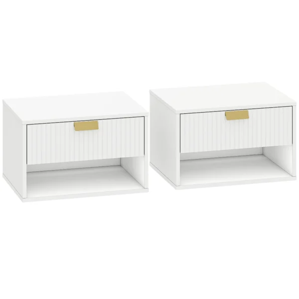 HOMCOM Set of 2 Floating Nightstands with Decorated Drawer and Open Shelf, White