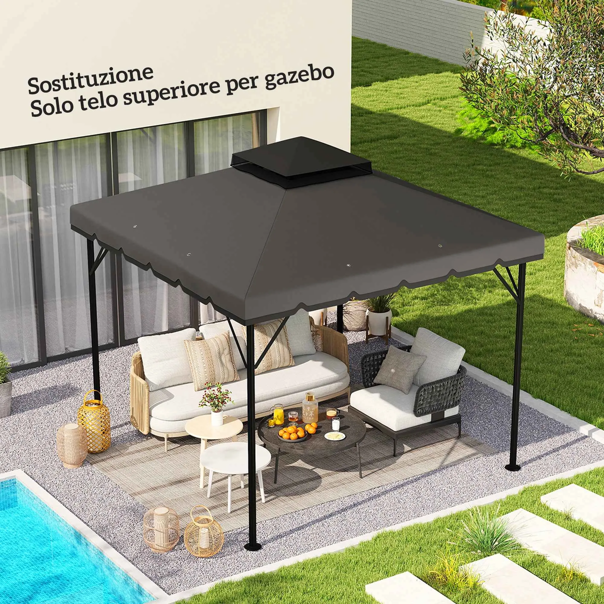 Outsunny 3x3m 2-Tier Gazebo Cover with 8 Drainage Holes, Light and Dark Grey Polyester - Image 2
