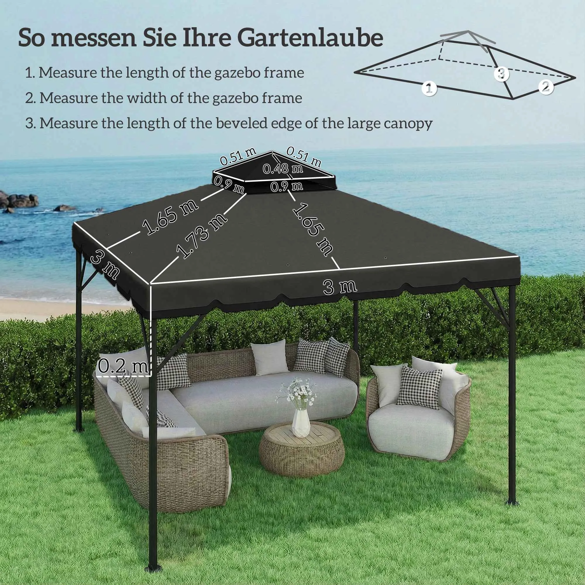 Outsunny 3x3m 2-Tier Gazebo Cover with 8 Drainage Holes, Light and Dark Grey Polyester - Image 3