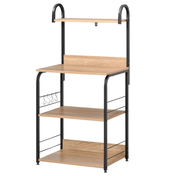 HOMCOM Kitchen Microwave Cabinet with 4 Shelves and 4 Hooks, Steel and Wood, 60x40x125 cm, Wood Color
