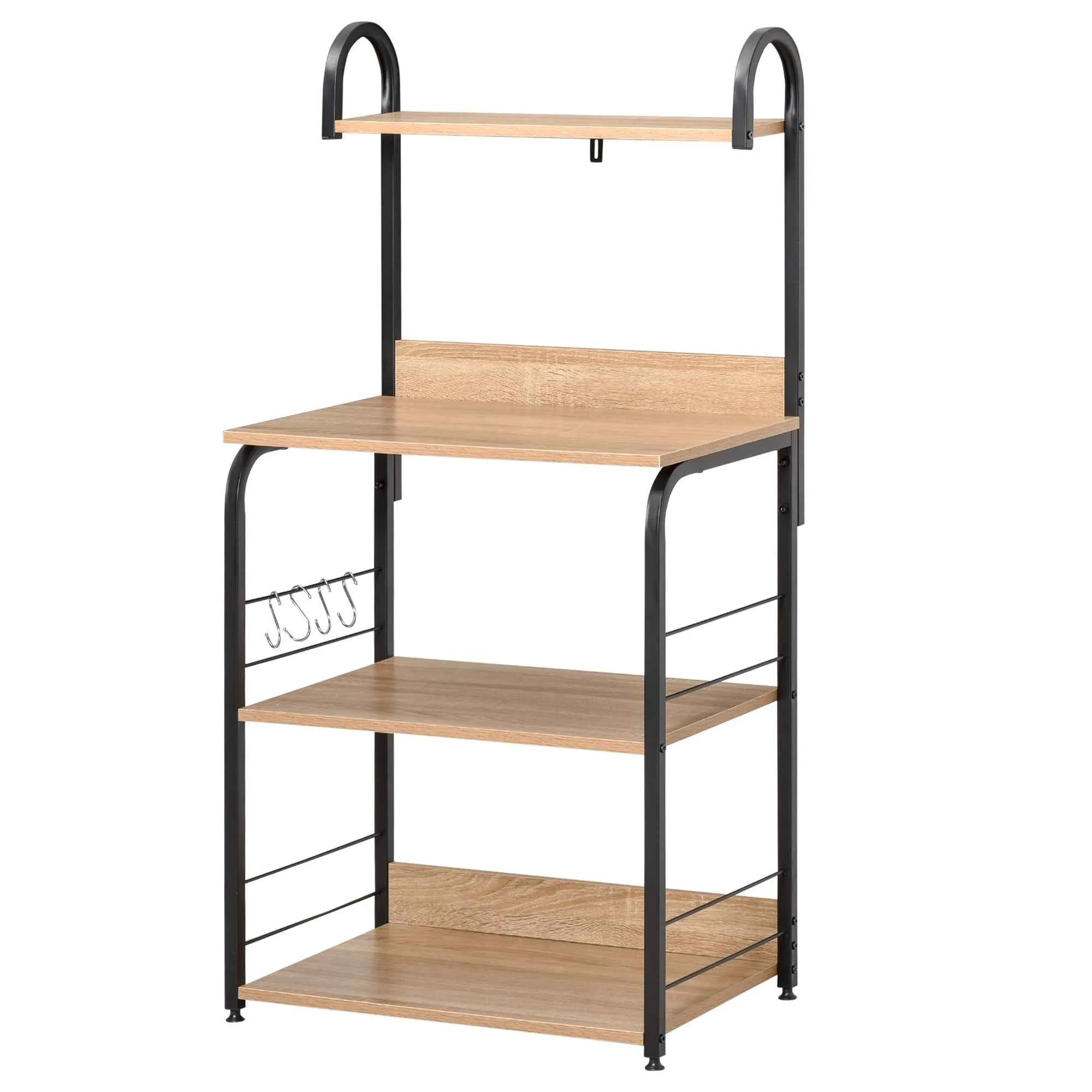 HOMCOM Kitchen Microwave Cabinet with 4 Shelves and 4 Hooks, Steel and Wood, 60x40x125 cm, Wood Color