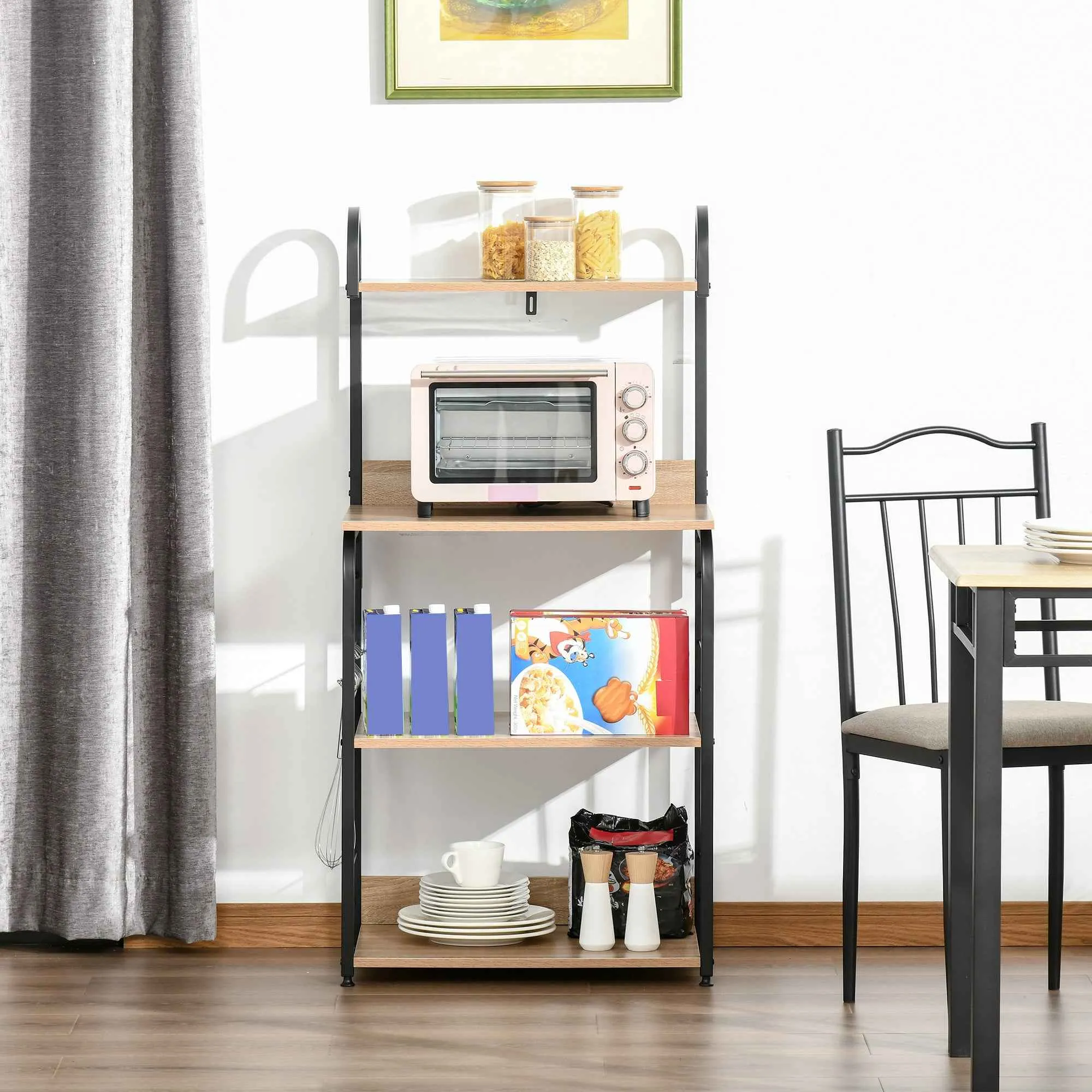 HOMCOM Kitchen Microwave Cabinet with 4 Shelves and 4 Hooks, Steel and Wood, 60x40x125 cm, Wood Color - Image 2