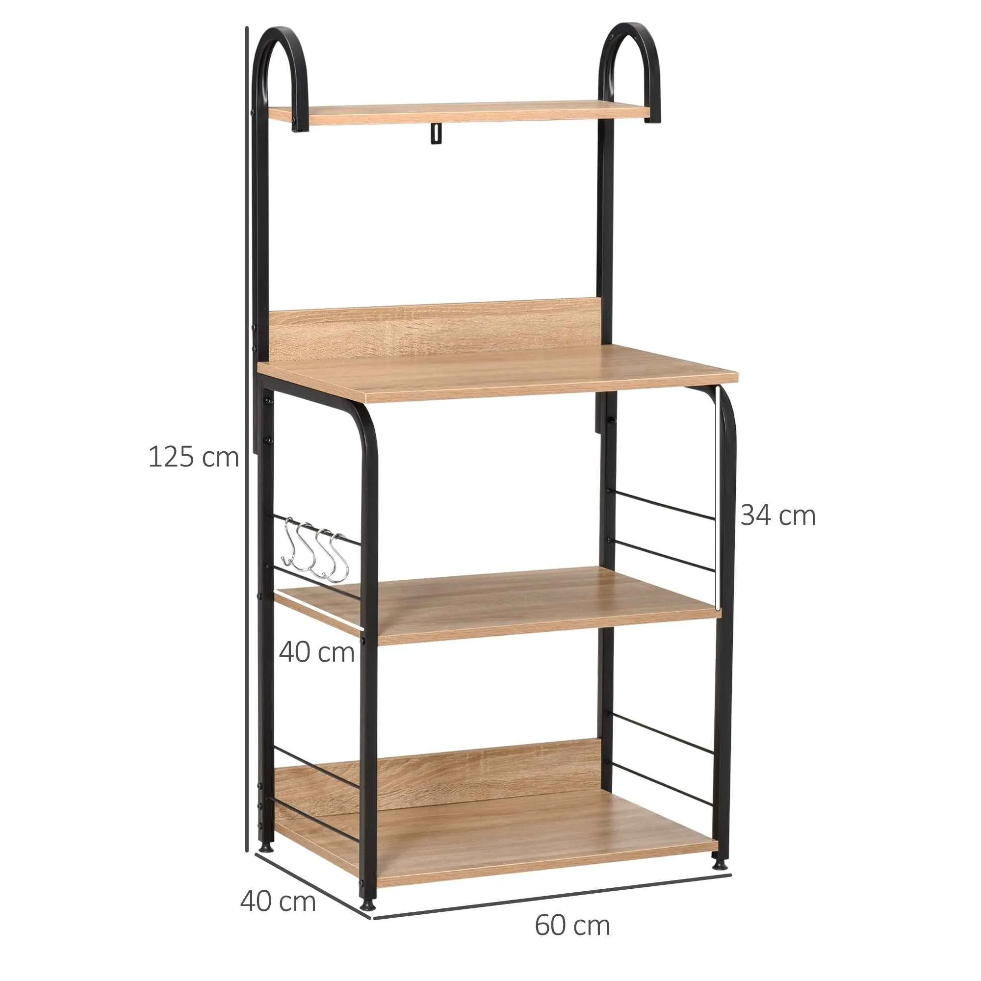 HOMCOM Kitchen Microwave Cabinet with 4 Shelves and 4 Hooks, Steel and Wood, 60x40x125 cm, Wood Color - Image 3