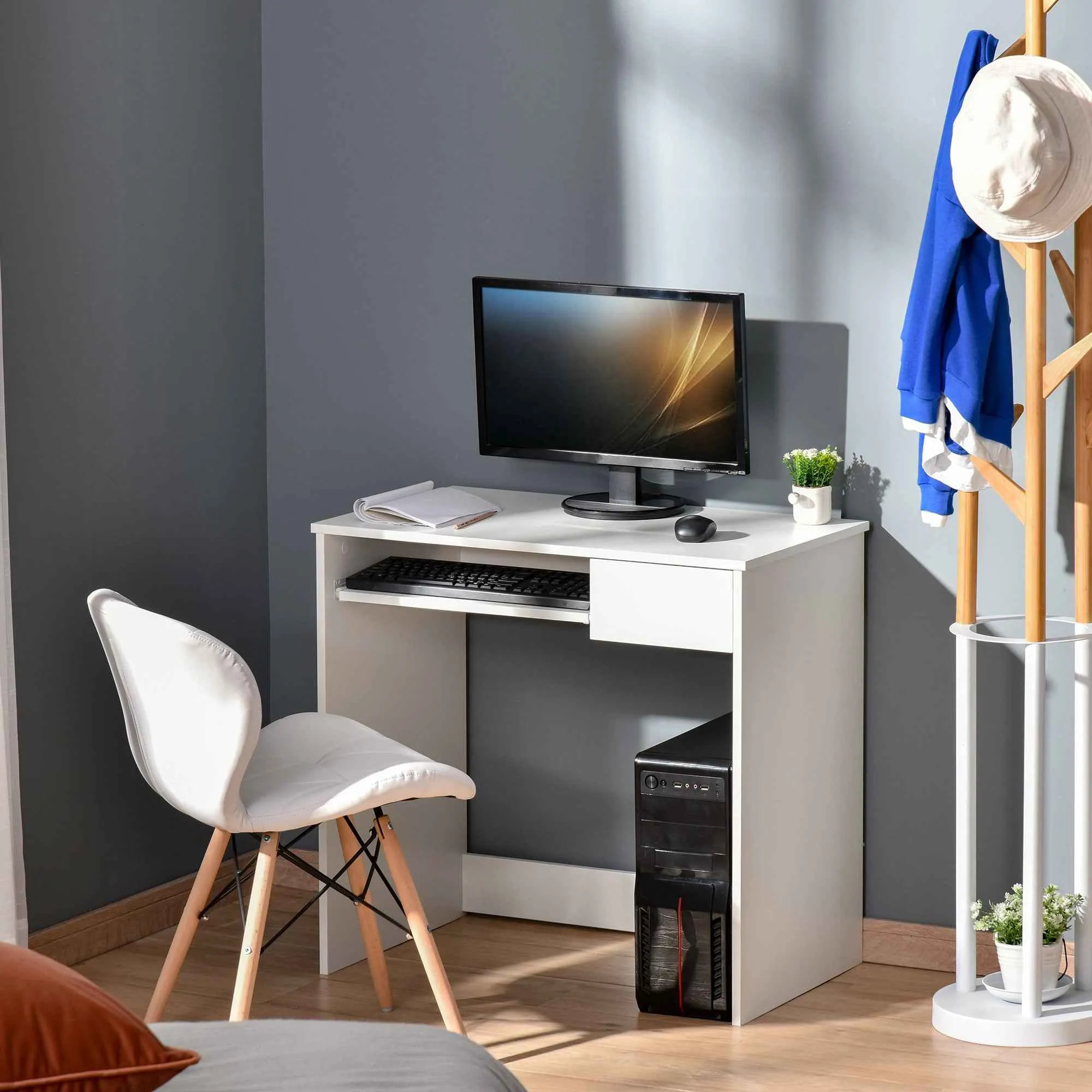 HOMCOM Office Desk, 80x45x75 cm Space-Saving Desk with Keyboard Tray, Document Drawer, White - Image 2