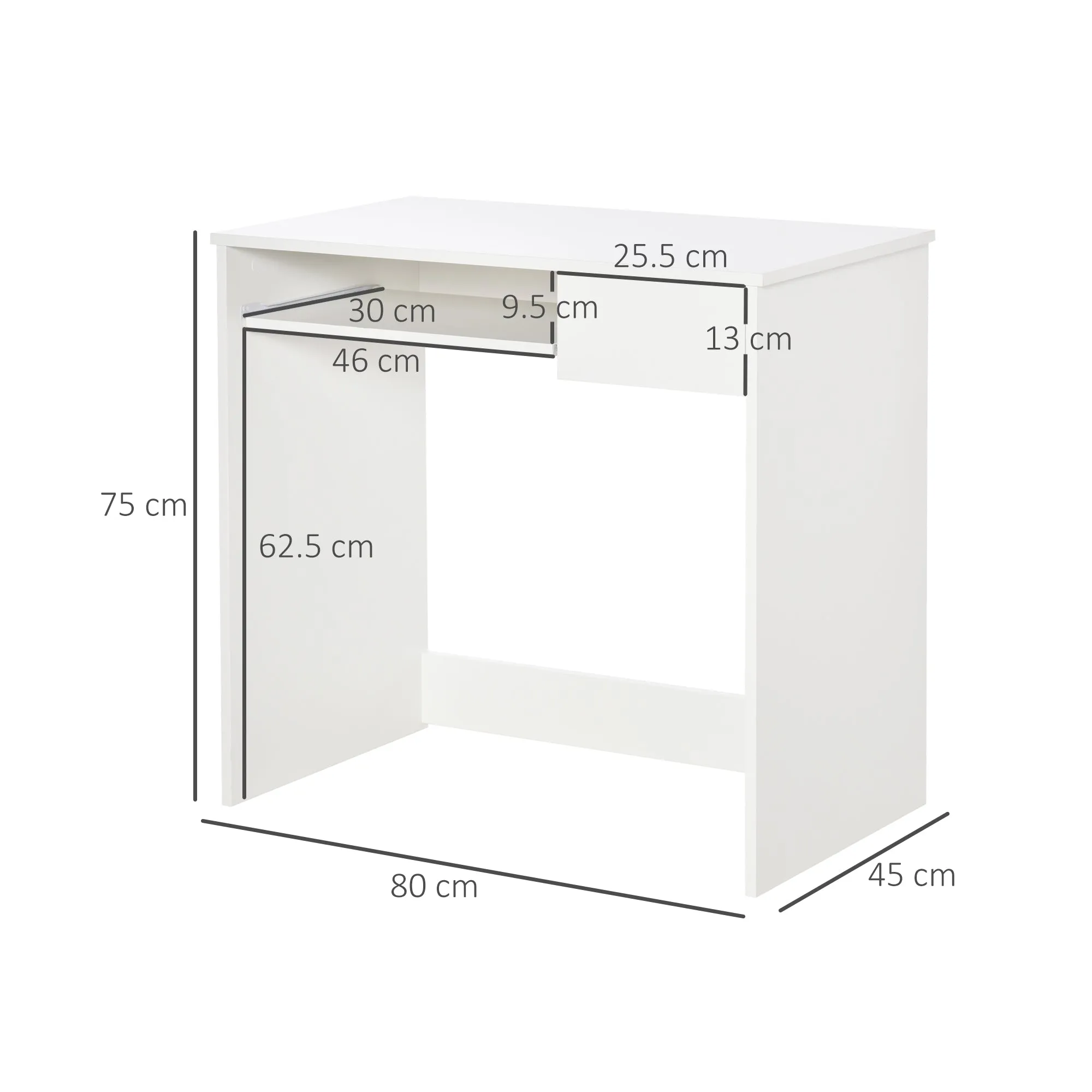 HOMCOM Office Desk, 80x45x75 cm Space-Saving Desk with Keyboard Tray, Document Drawer, White - Image 3