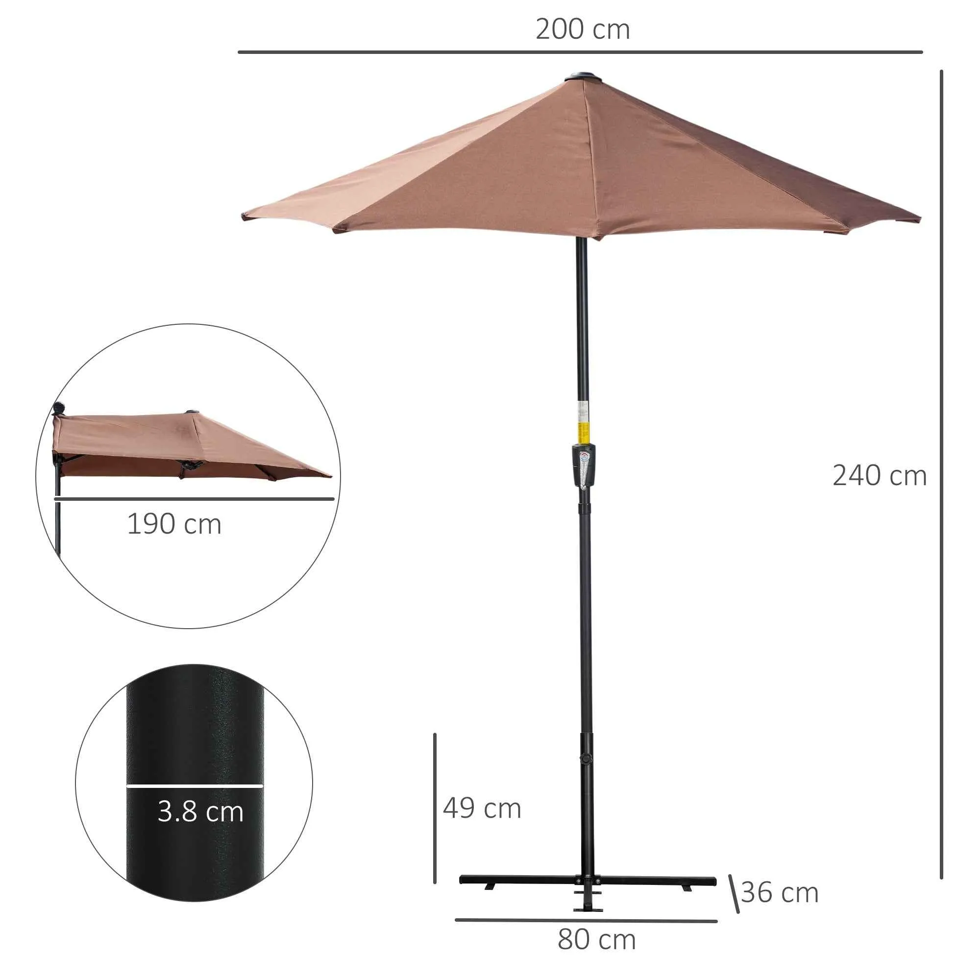 Outsunny Double Crescent Umbrella 2x2 m with Crank Opening and Cross Support, in Steel and Polyester, Coffee - Image 3