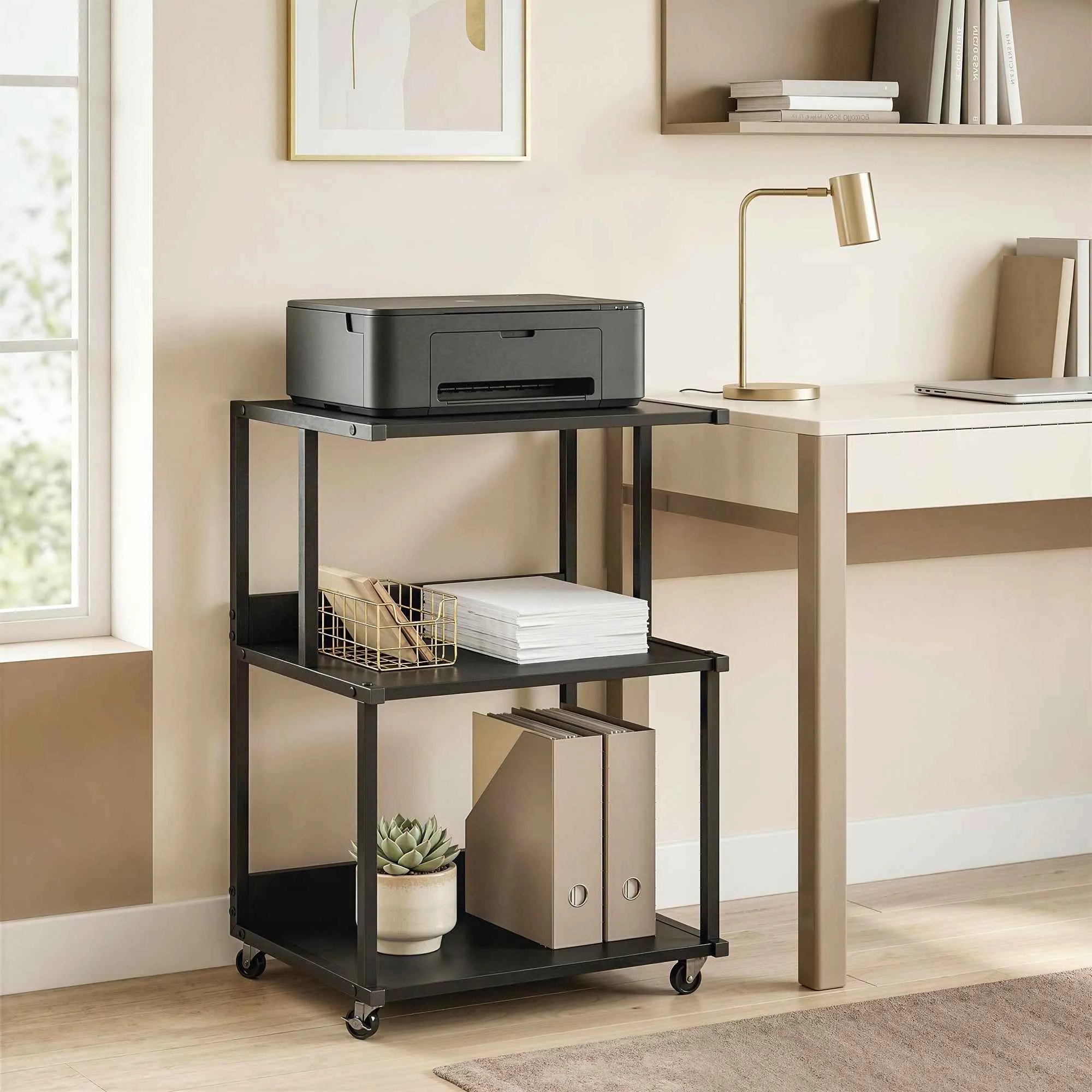 HOMCOM 3-Tier Printer Stand with Wheels, Industrial Metal Office Table, Black. - Image 2