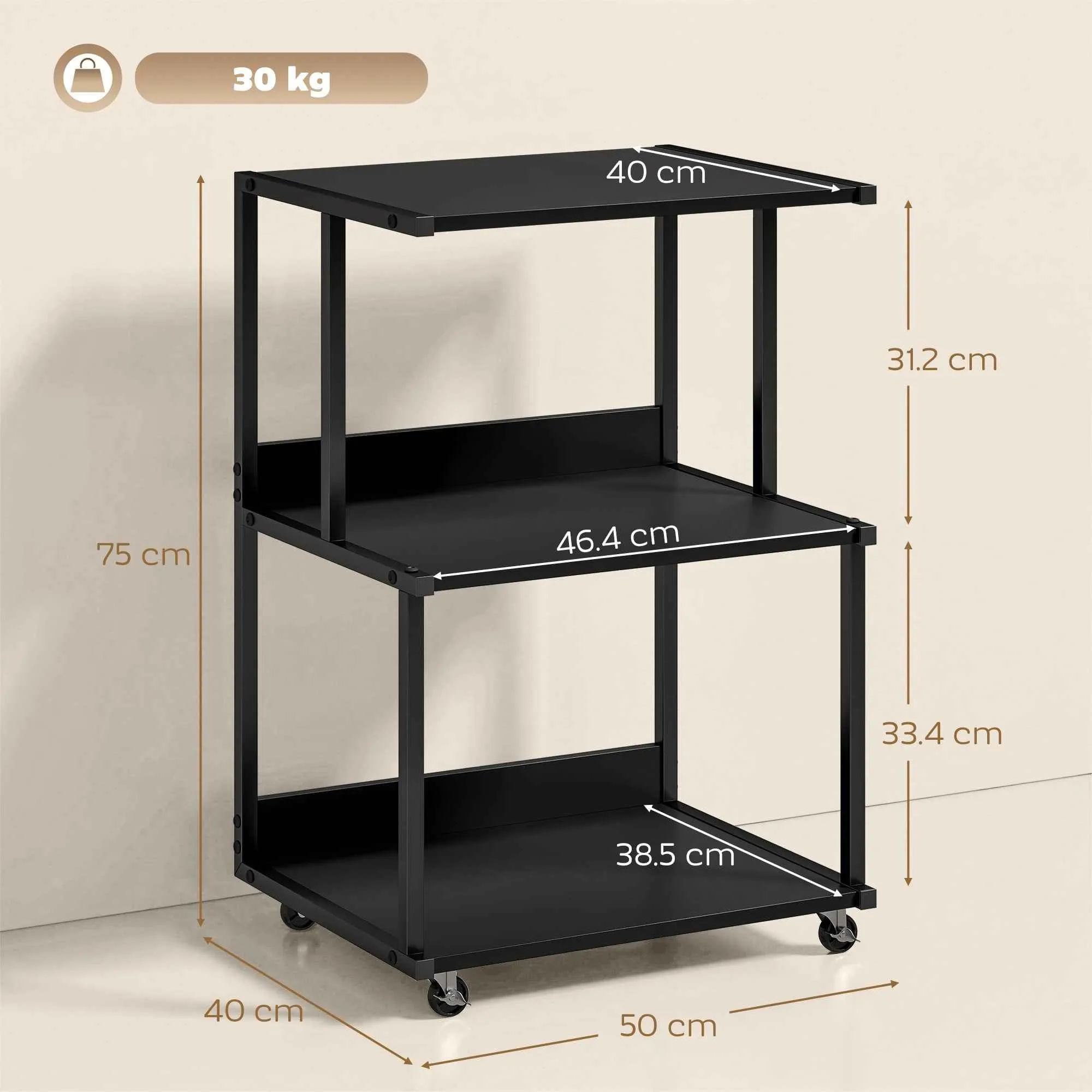 HOMCOM 3-Tier Printer Stand with Wheels, Industrial Metal Office Table, Black. - Image 3