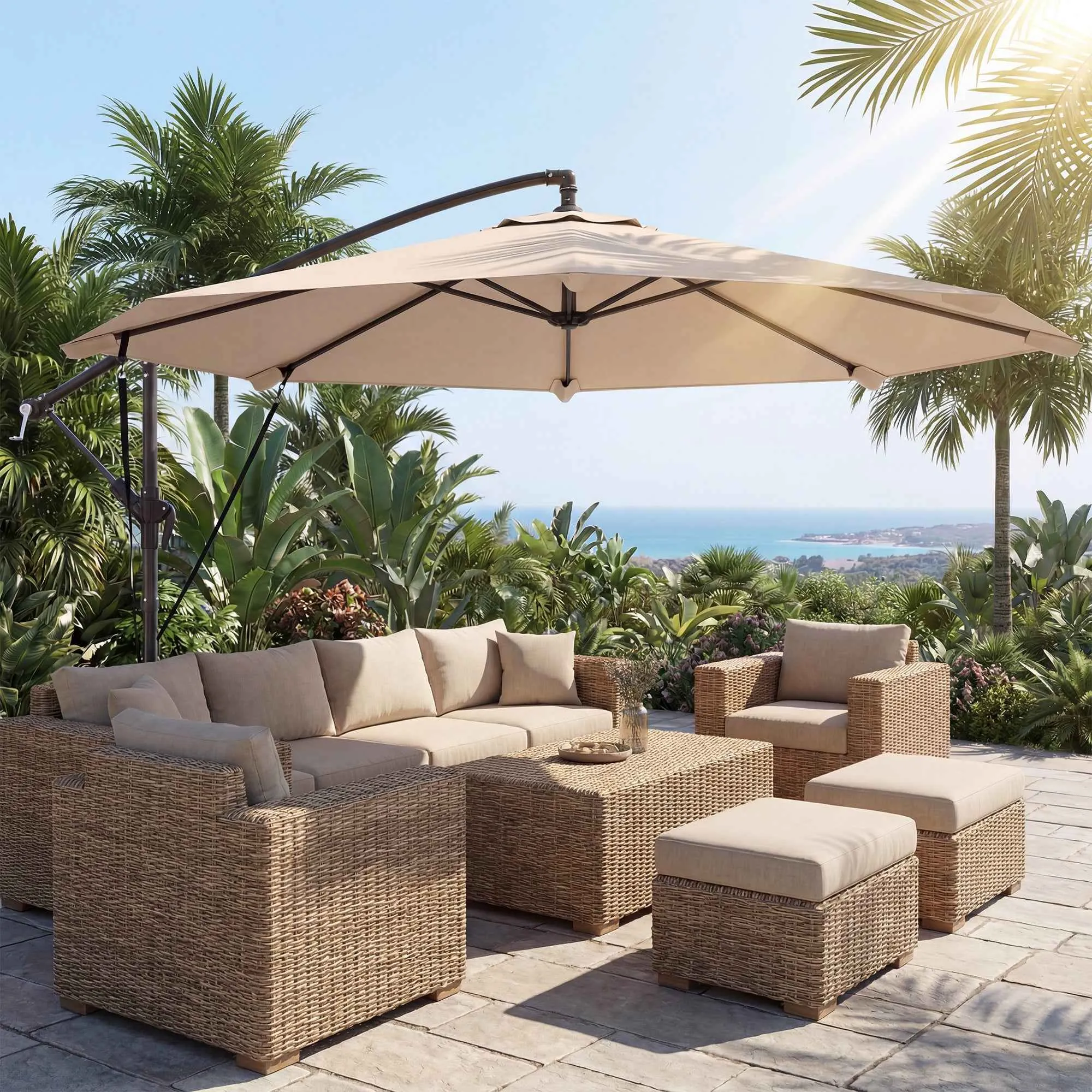 Outsunny 3m Cantilever Umbrella with Cross Base and Crank Handle, in Metal, PP and Polyester, Khaki - Image 2