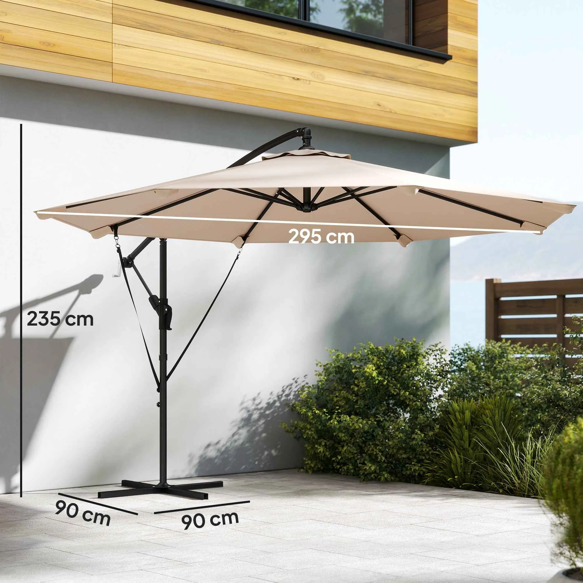 Outsunny 3m Cantilever Umbrella with Cross Base and Crank Handle, in Metal, PP and Polyester, Khaki - Image 3