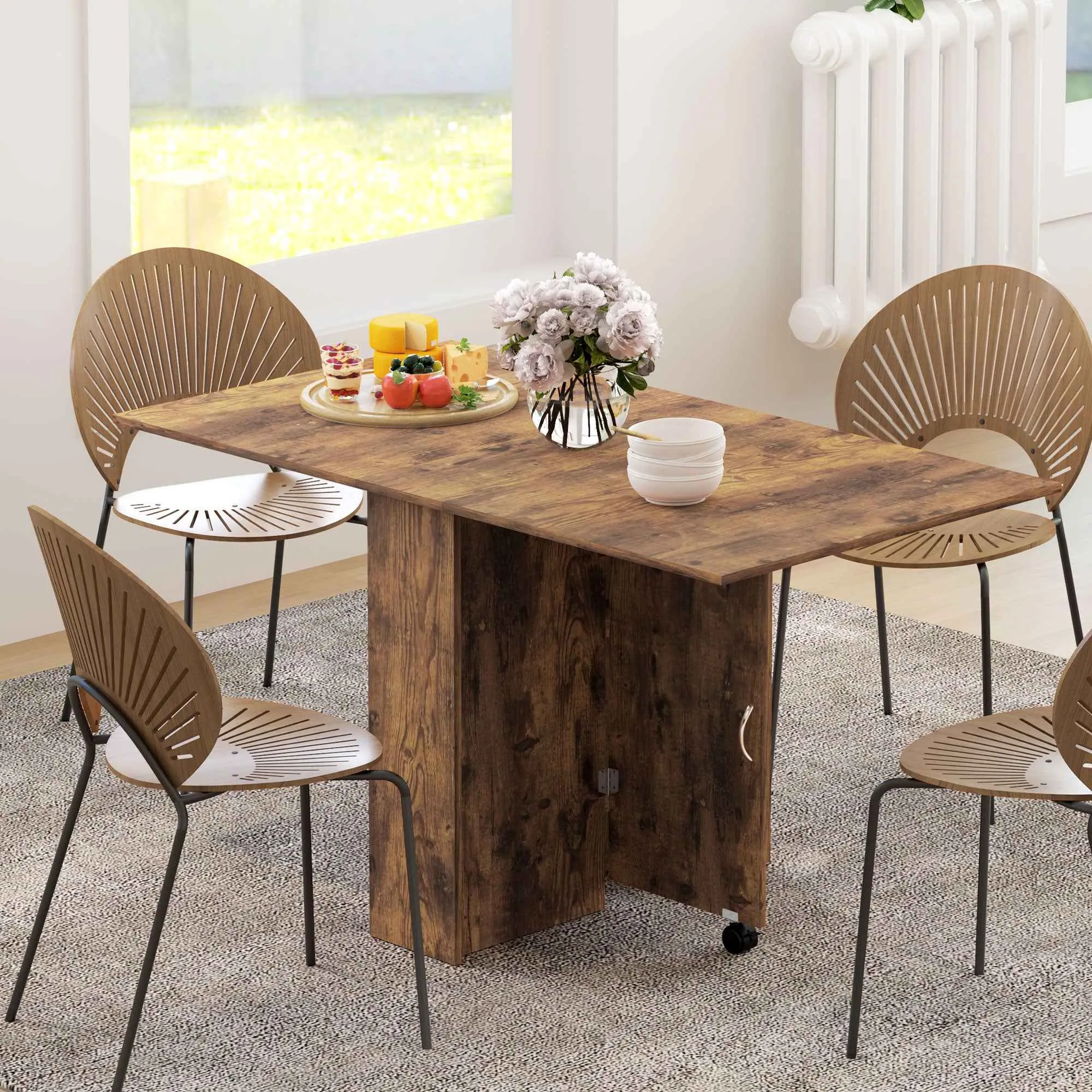 HOMCOM Folding Drop-Leaf Dining Table for 6 People with 2 Open Shelves and Lockable Castors, Brown - Image 2