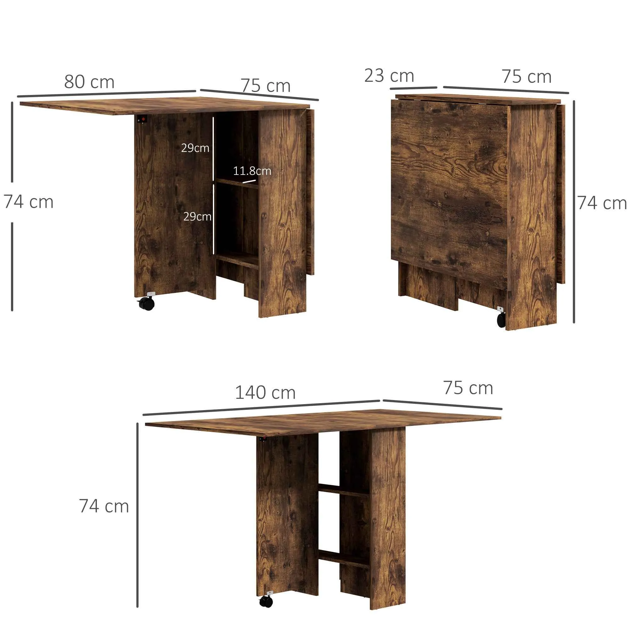 HOMCOM Folding Drop-Leaf Dining Table for 6 People with 2 Open Shelves and Lockable Castors, Brown - Image 3