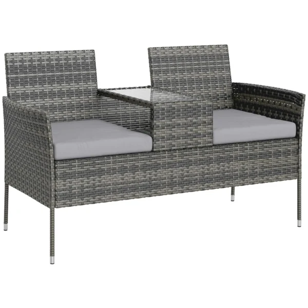 Outsunny 2-Seater Outdoor Bench with Coffee Table, Steel and PE Rattan, 137x59x82 cm, Grey