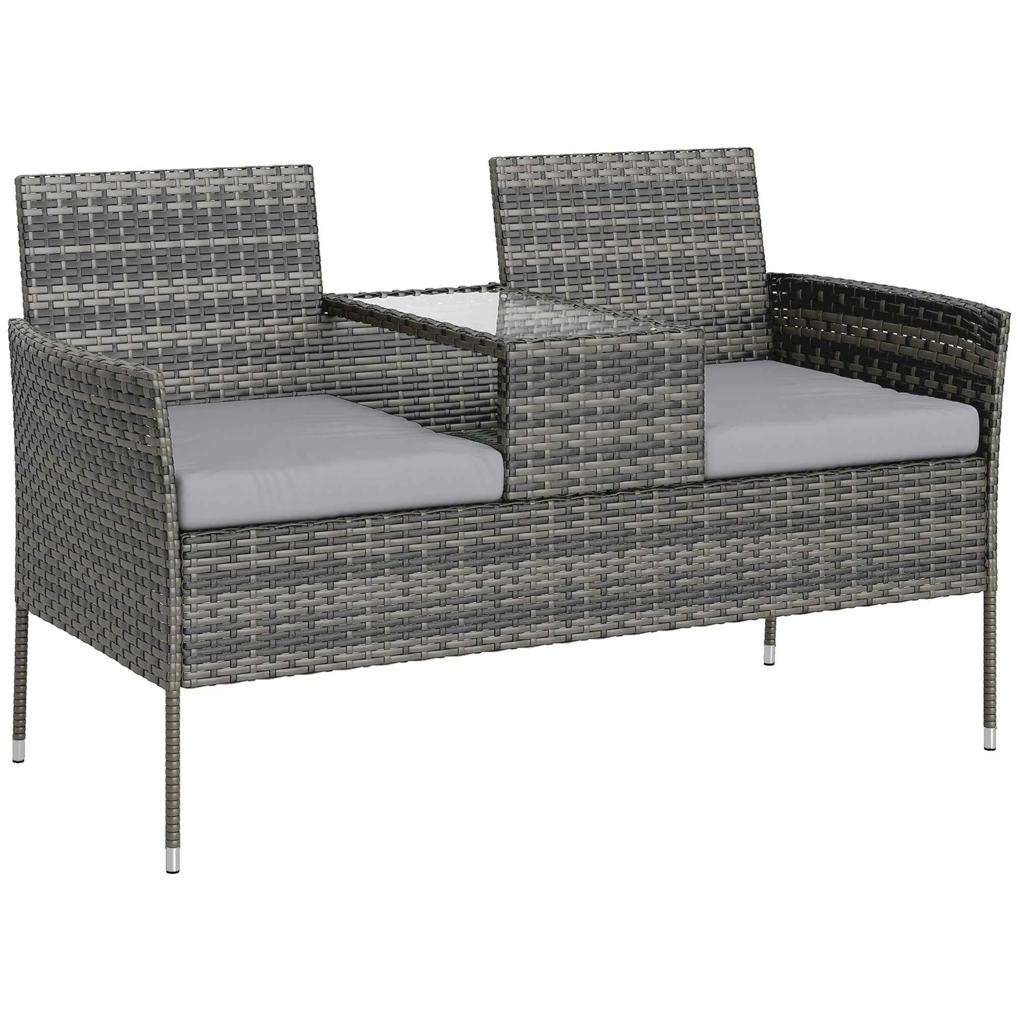 Outsunny 2-Seater Outdoor Bench with Coffee Table, Steel and PE Rattan, 137x59x82 cm, Grey