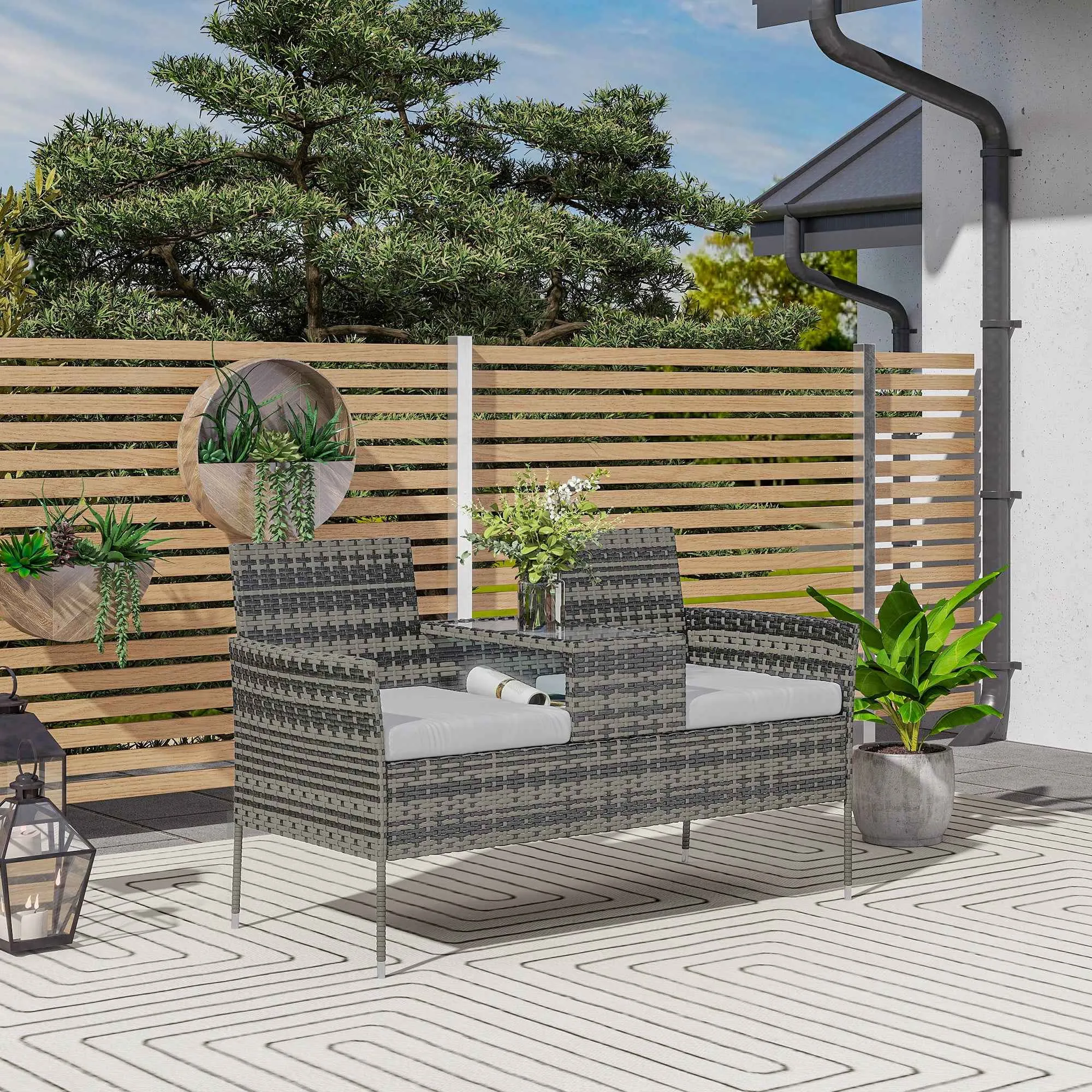 Outsunny 2-Seater Outdoor Bench with Coffee Table, Steel and PE Rattan, 137x59x82 cm, Grey - Image 2