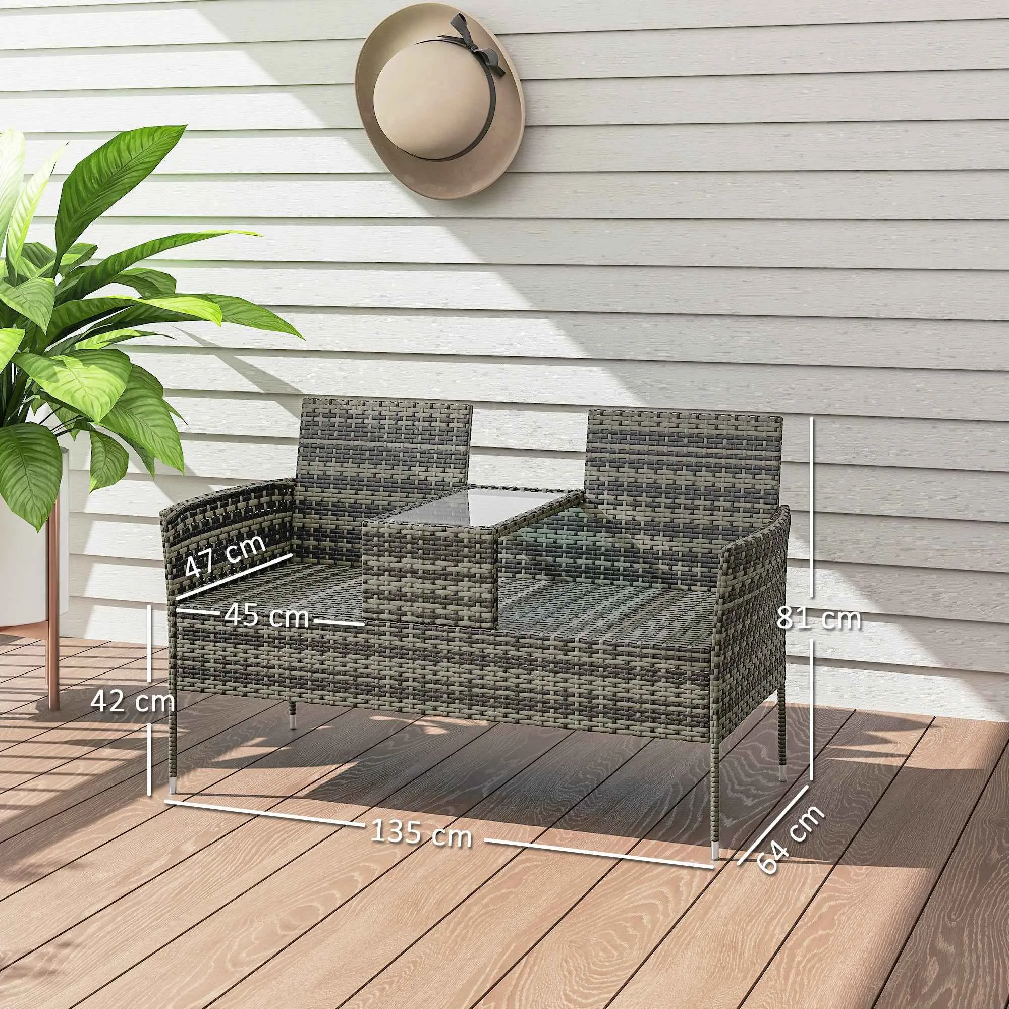 Outsunny 2-Seater Outdoor Bench with Coffee Table, Steel and PE Rattan, 137x59x82 cm, Grey - Image 3