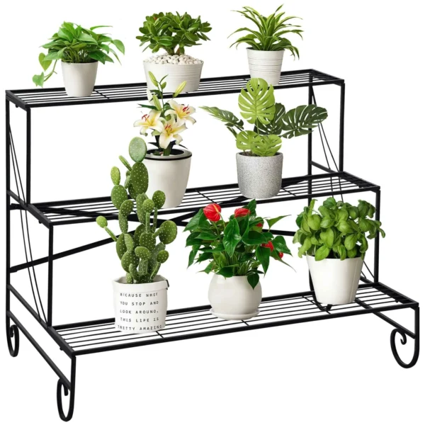 Outsunny Wrought Iron Plant Stand, 3-Tier Outdoor Plant Ladder, Black