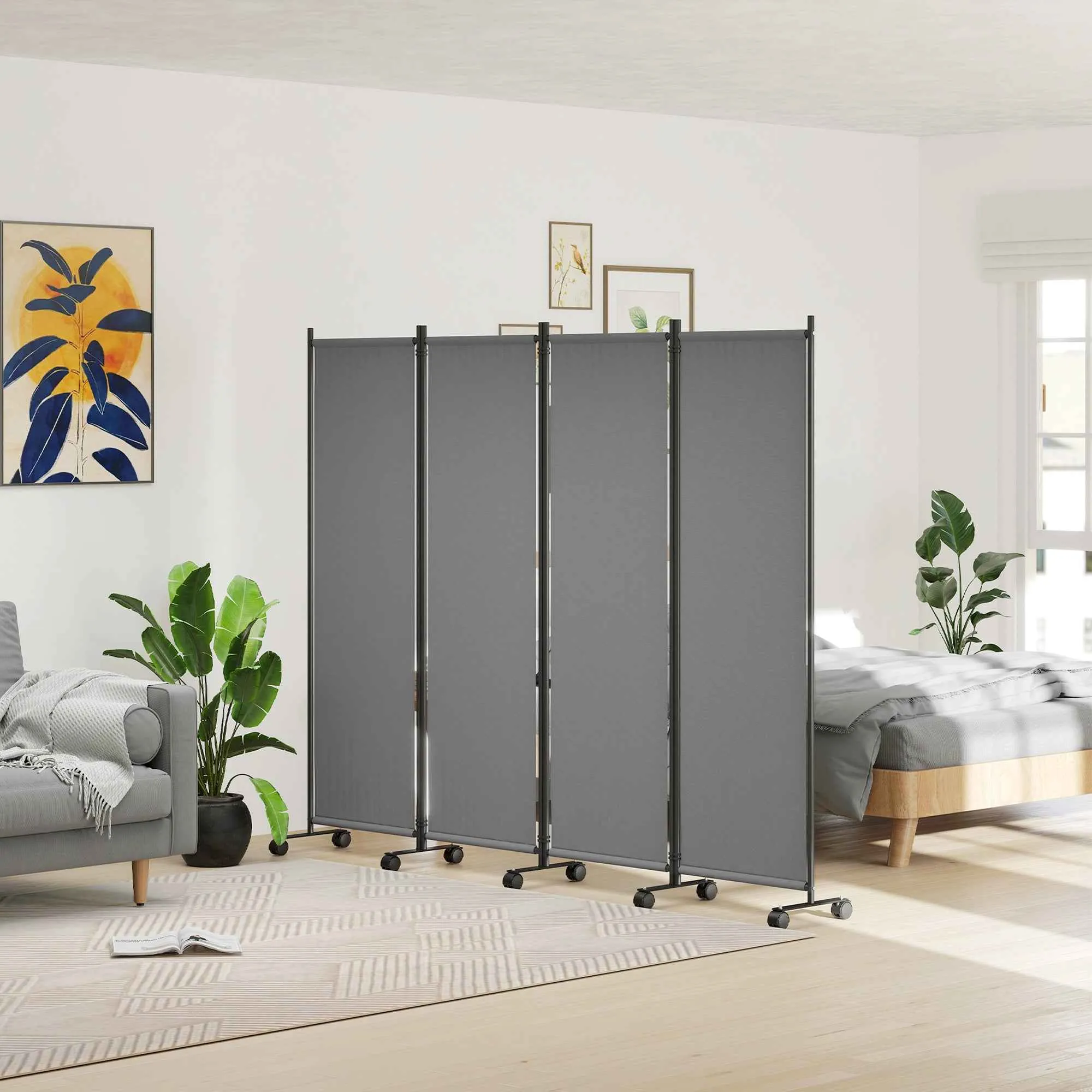 Outsunny 4-Panel Folding Indoor and Outdoor Screen with Wheels, 221 x 50 x 172 cm, Dark Grey - Image 2