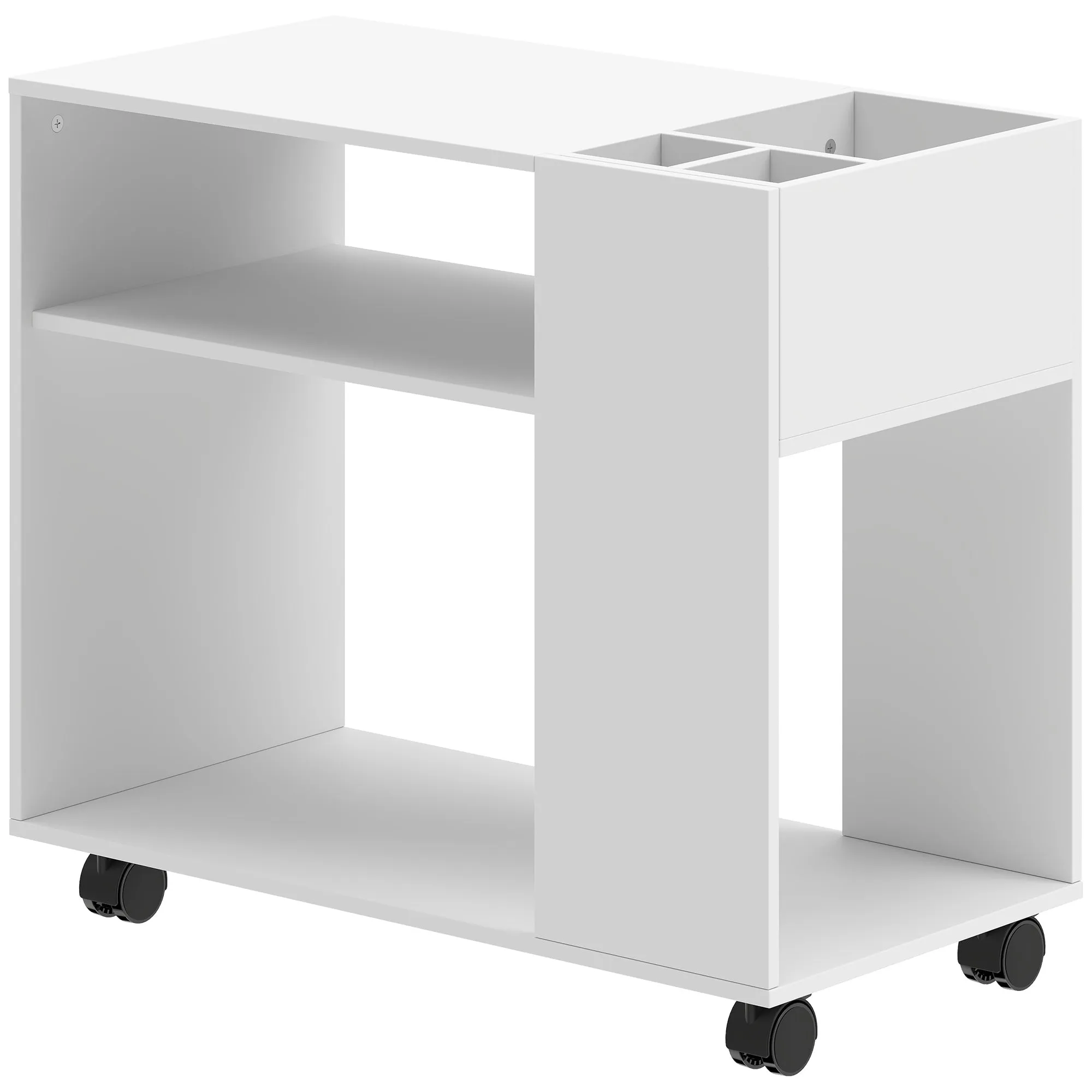 HOMCOM Coffee Table with Wheels, Open Compartments, Shelf and Compartment, 70x36x60 cm, White
