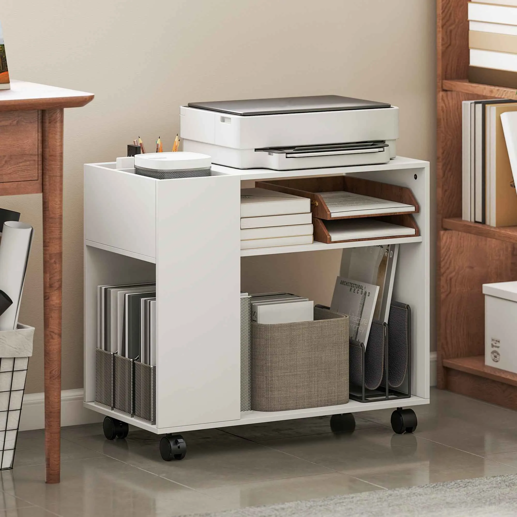 HOMCOM Coffee Table with Wheels, Open Compartments, Shelf and Compartment, 70x36x60 cm, White - Image 2