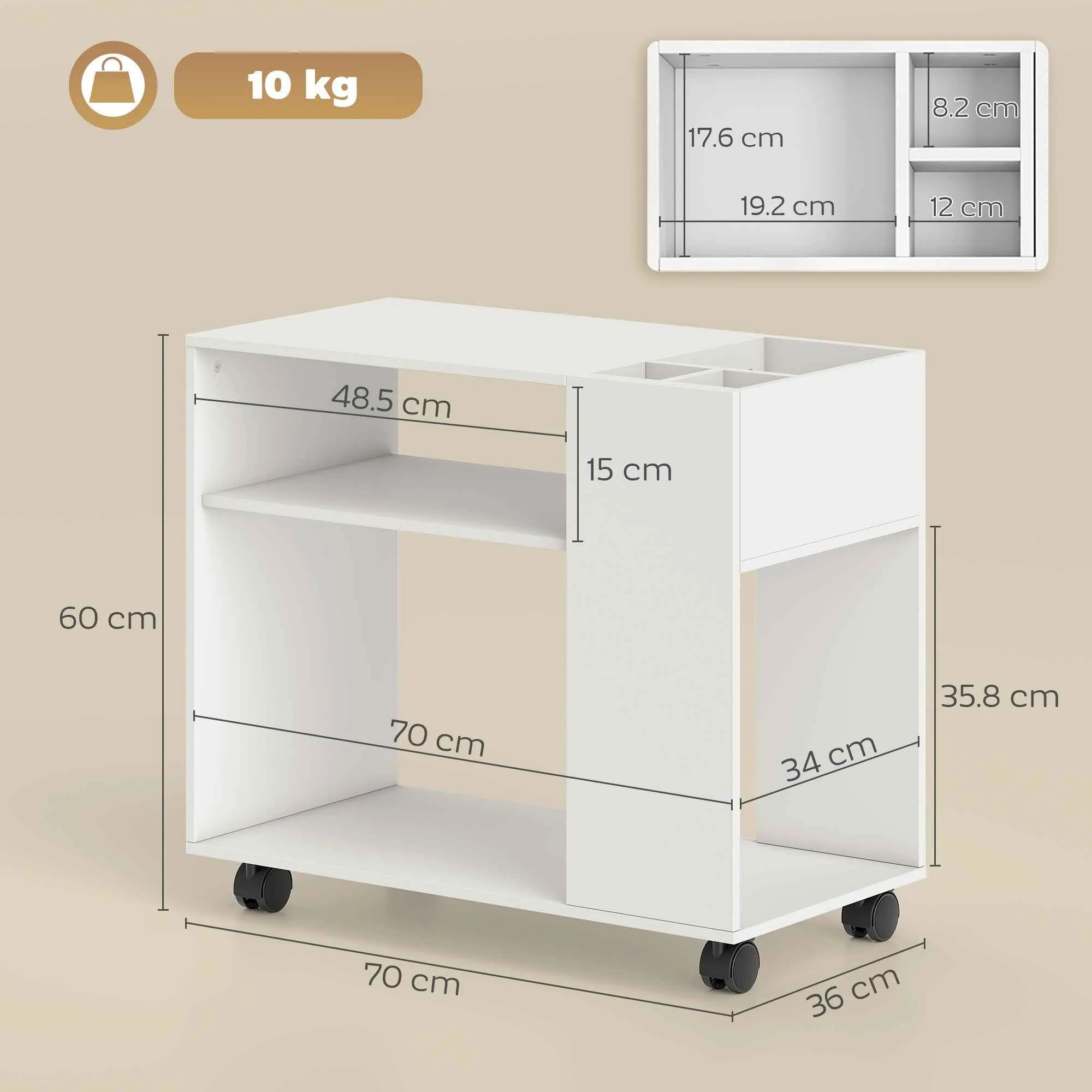 HOMCOM Coffee Table with Wheels, Open Compartments, Shelf and Compartment, 70x36x60 cm, White - Image 3
