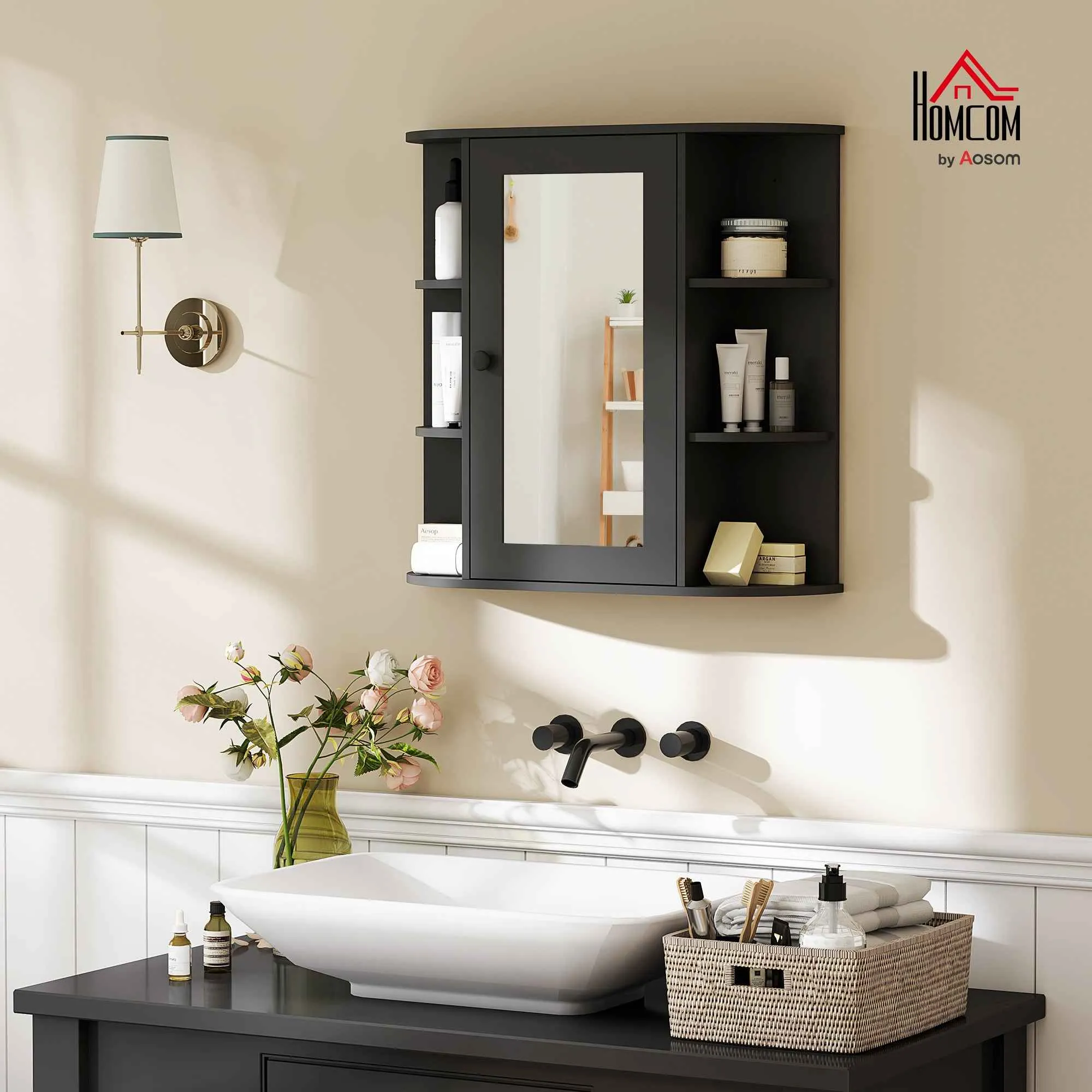 HOMCOM Bathroom Mirror with 6 Open and 2 Closed Shelves, Wood and Glass, 66x17x63 cm, Black - Image 2