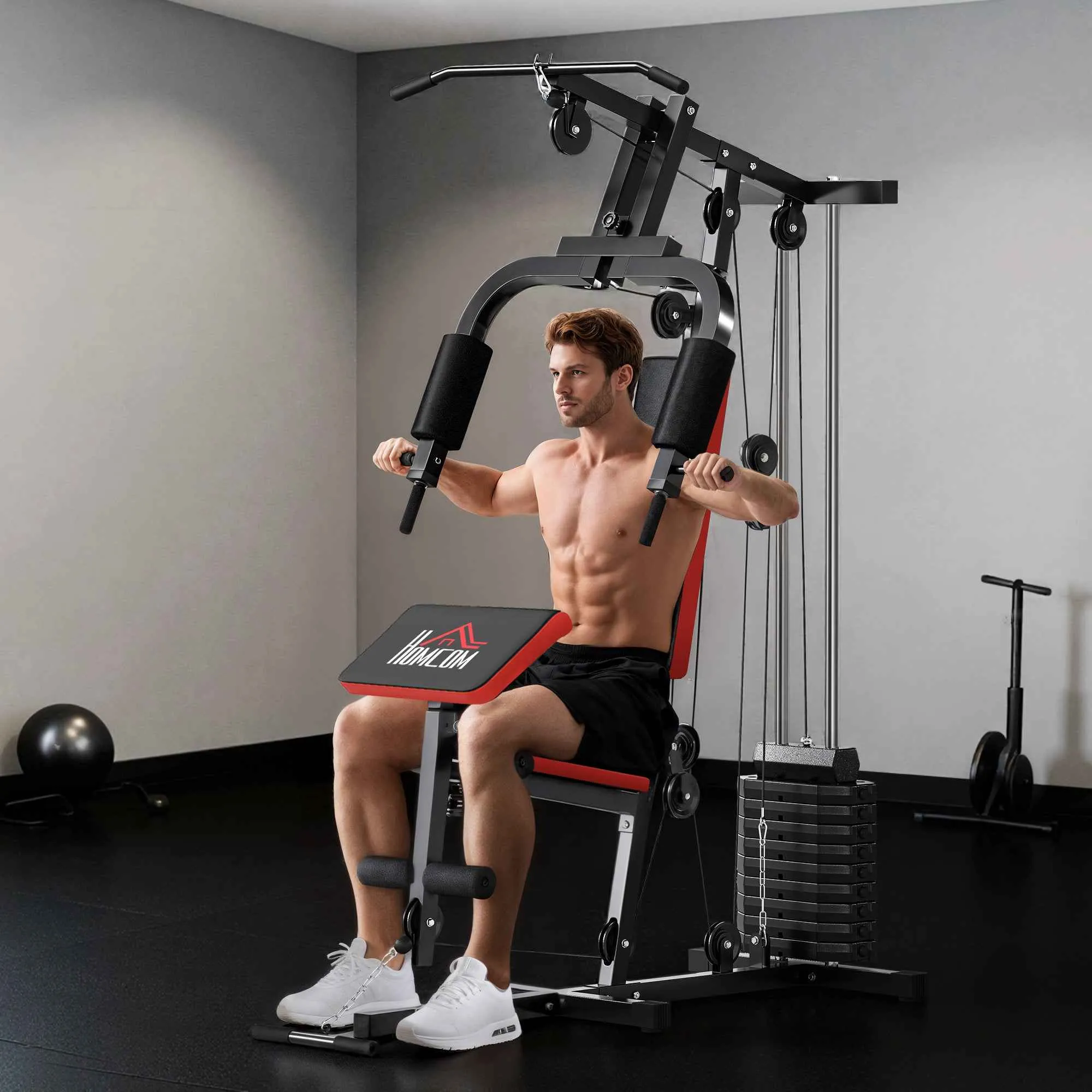 HOMCOM Power Tower Fitness Station Weights 65kg, 135x103x210cm, Black Red - Image 2