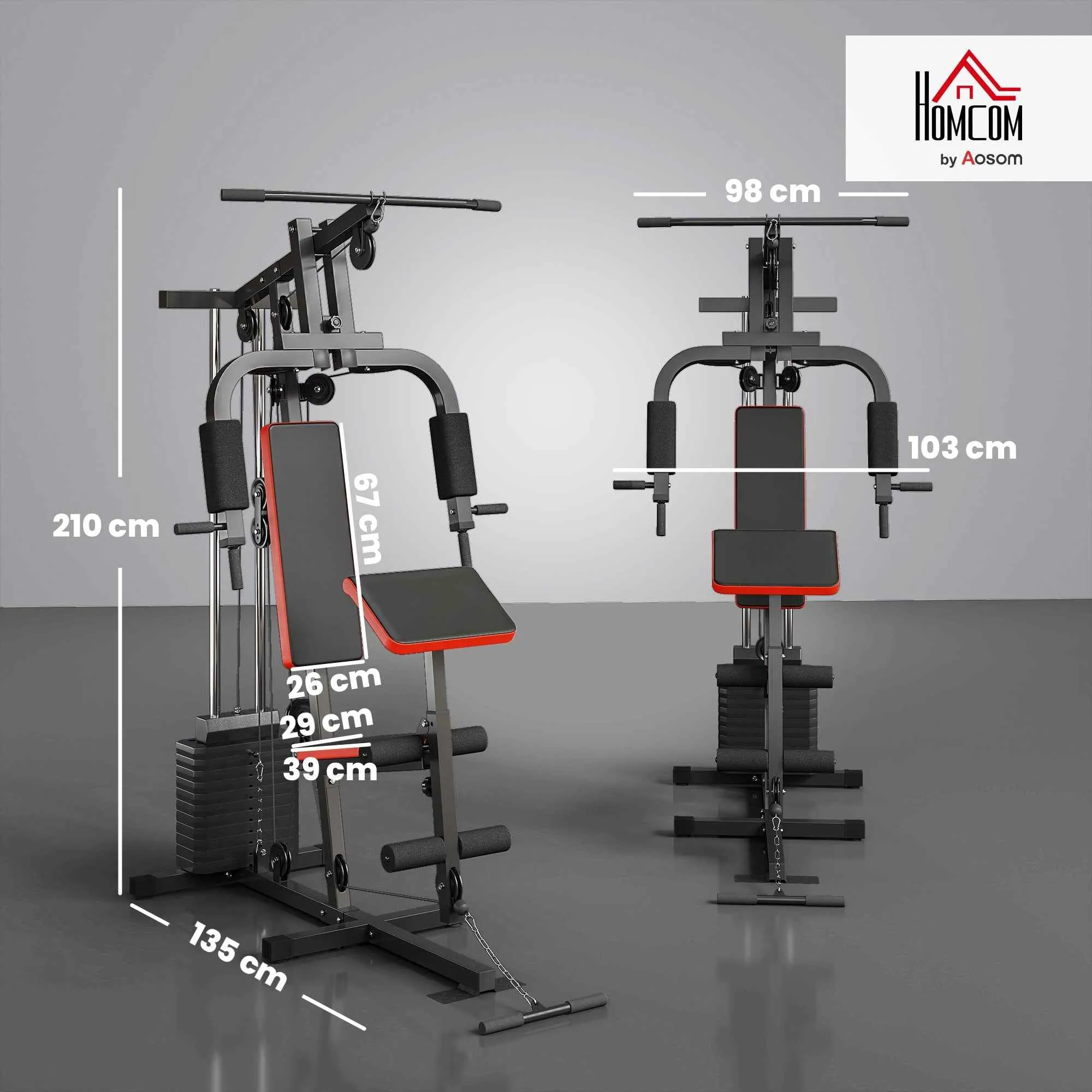 HOMCOM Power Tower Fitness Station Weights 65kg, 135x103x210cm, Black Red - Image 3